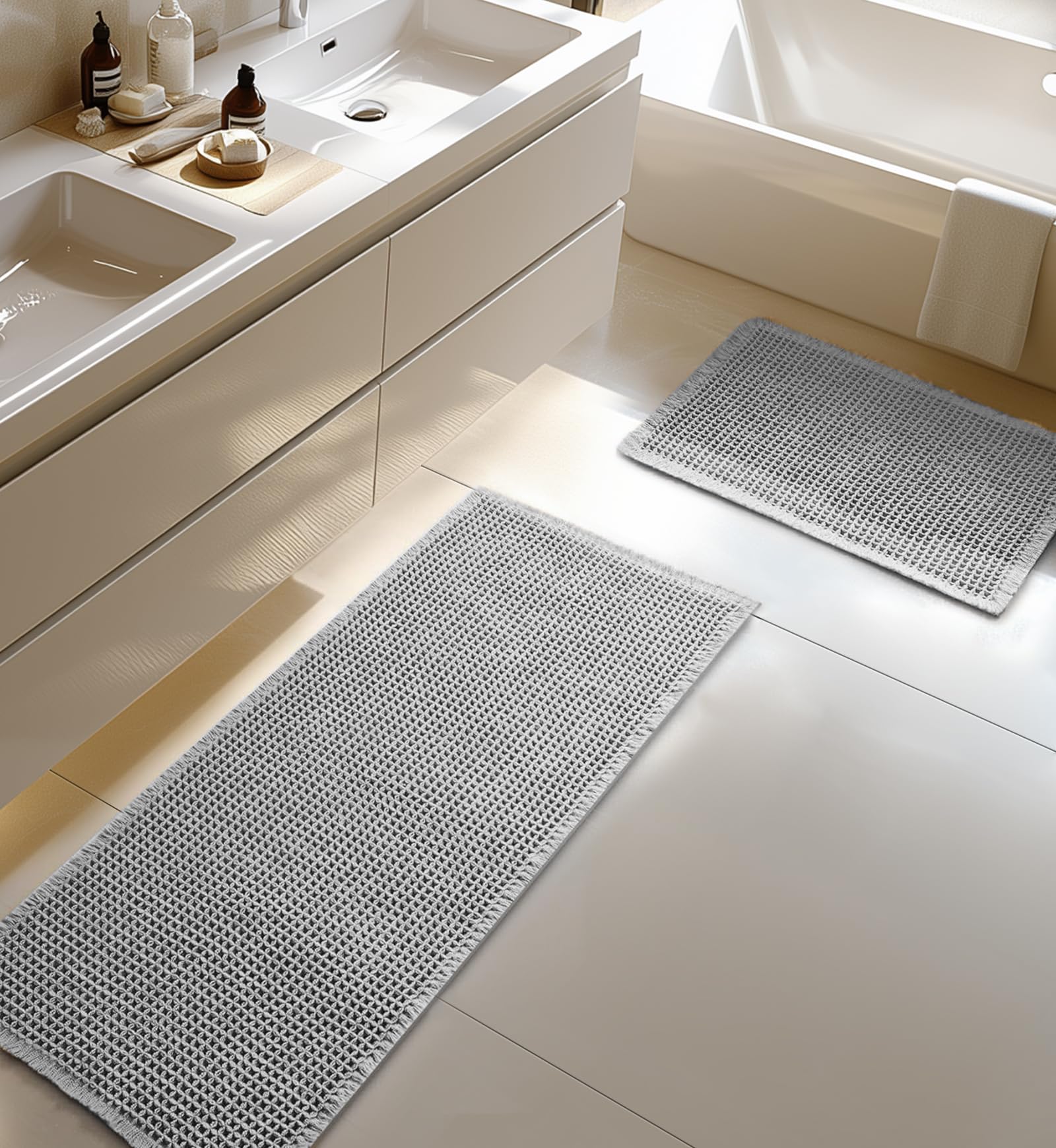 Furicher Large Waffle Bath Mat Set, Non Slip Bathroom Mat Set, Ultra Absorbent Bath Mats for Bathroom Decor, Extra Soft Floor Bathroom Rugs Sets 2 Piece, Grey Washable Bath Mats(51×119cm & 41×61cm)