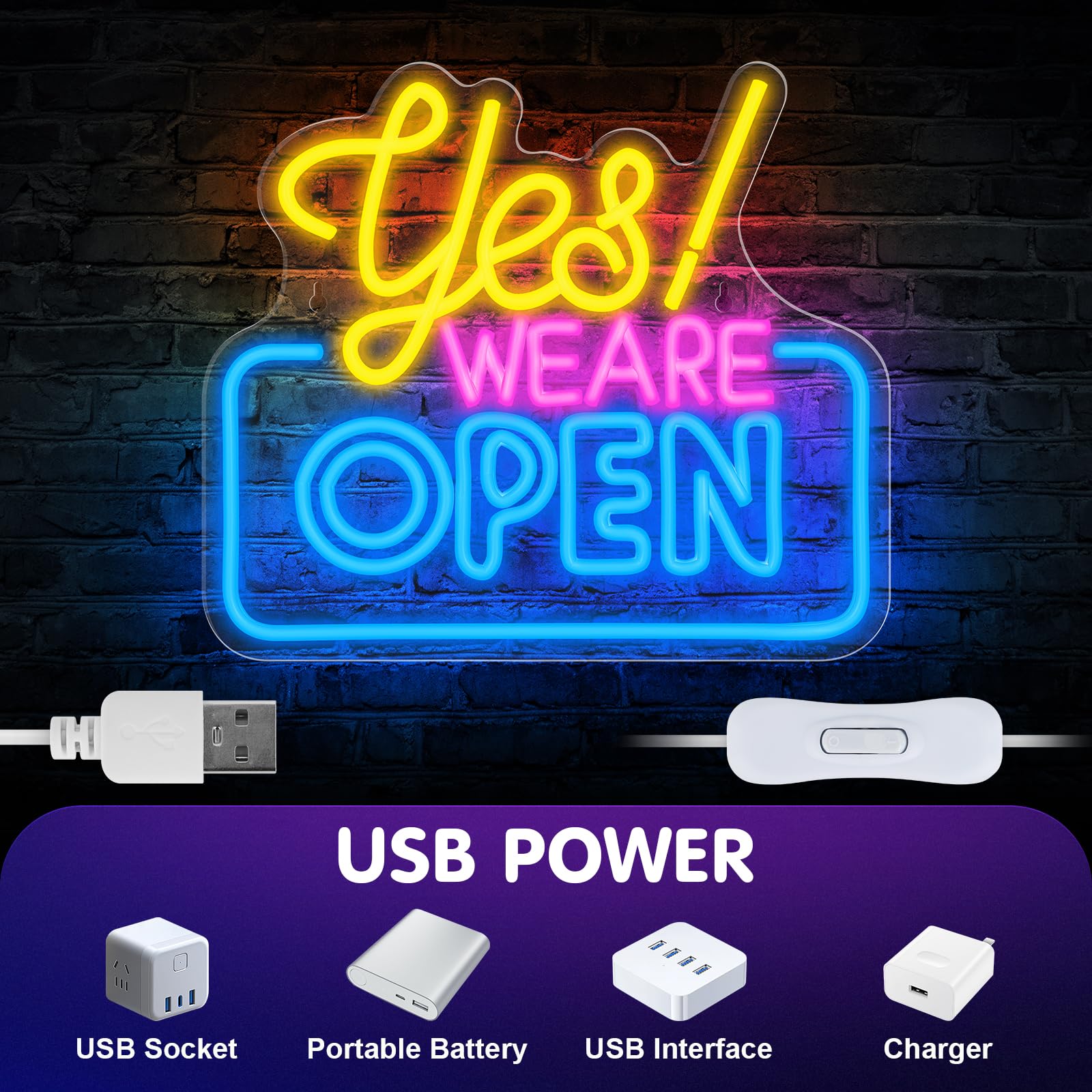 Amyzavls Open Neon Signs Yes We Are Open Bright led Sign Hanging Window Wall Decor Open Signs for Business,Coffee, Shop, Bar, Bakery,Hotel Store, Yellow Pink blue