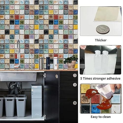 Miniatura 2 de Azulejos de Suelo Autoadhesivos 12x12 Pulgadas Multicolor de Despegar y Pegar, Planchas de Piso de Vinilo con Patrón de Mosaico Retro para Cocina,
