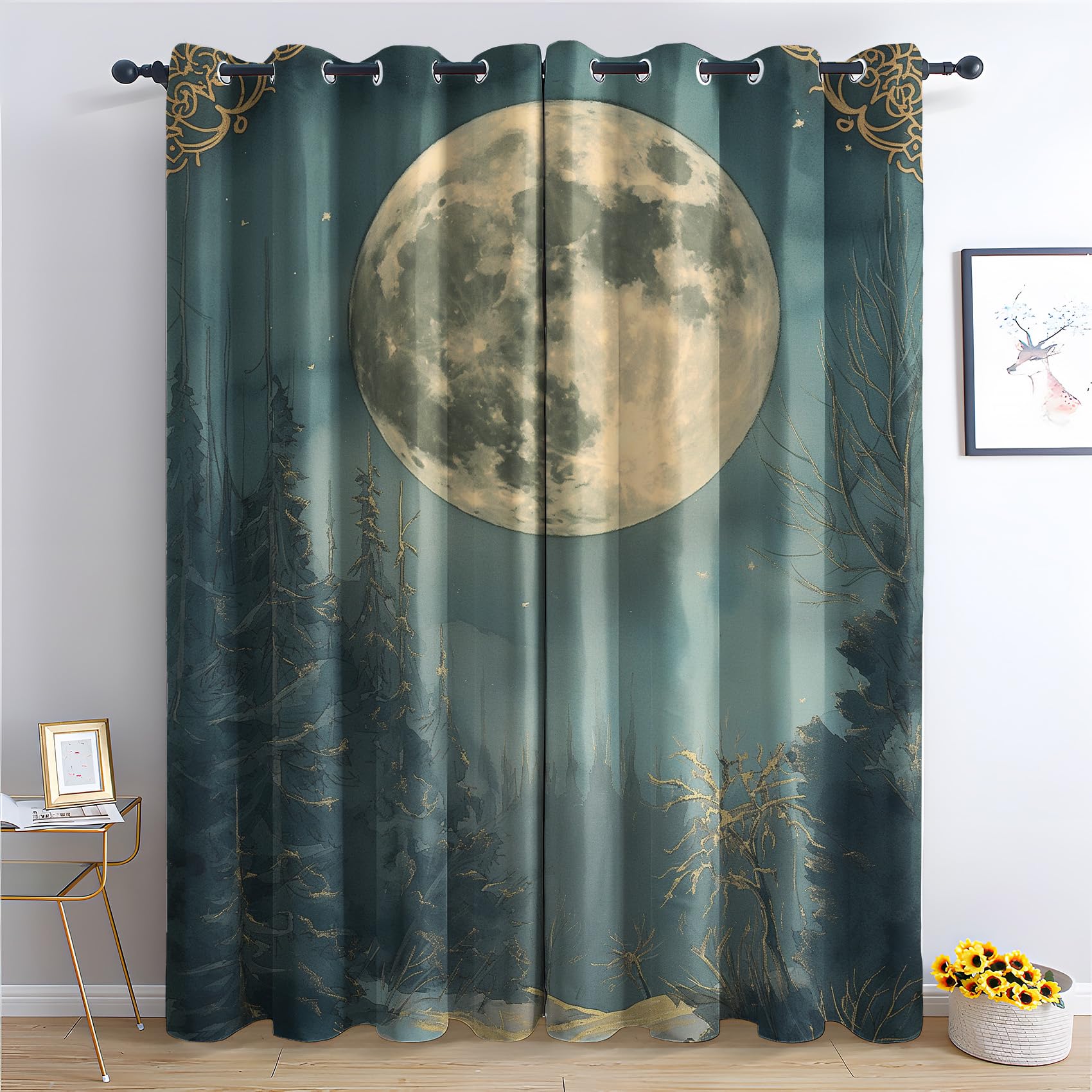 Full Moon Curtains for Bedroom Living Room - Forest Planet Blackout Curtains 66 x 54 Inch (Width x Drop), Thermal Insulated Eyelet Curtains & Drapes, Patterned Window Treatments R&-204