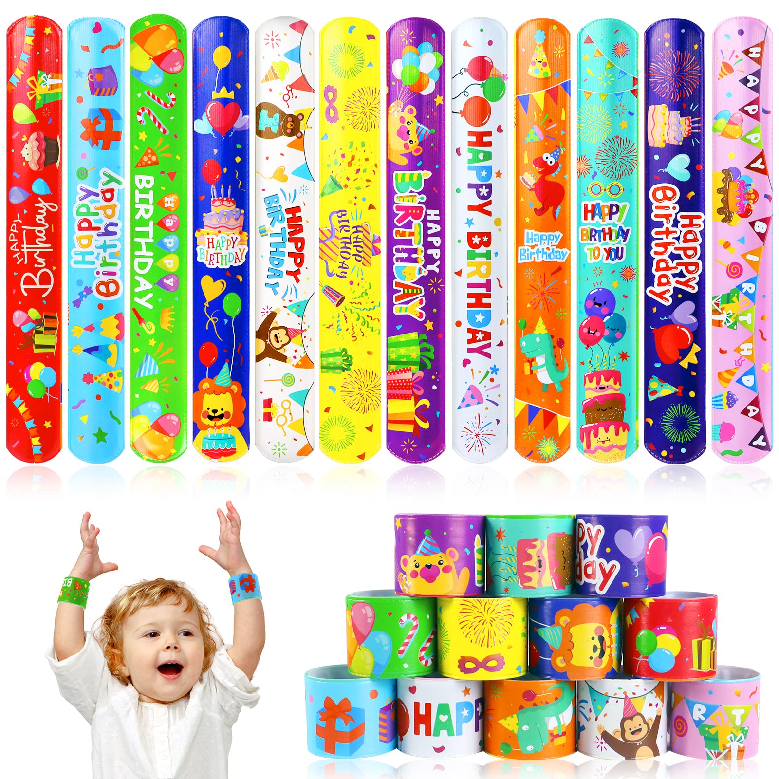 Amyang 48Pcs Happy Birthday Slap Bracelet for Slap Band Kids Party Bag Fillers, Party bag toys, Birthday Party Bag Fillers, Game Prizes, Classroom Rewards, Goody Bag Fillers for Kids Adults