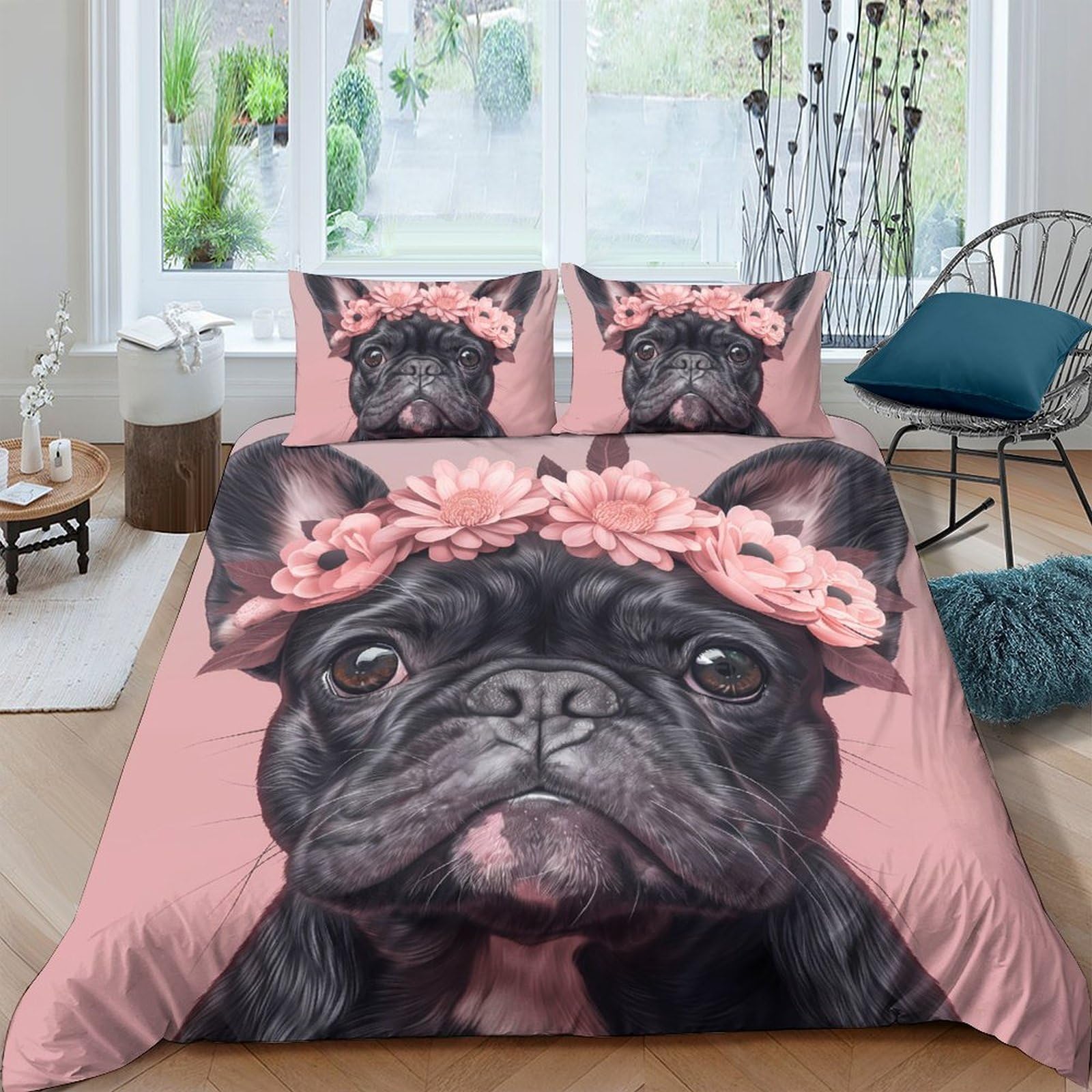 Ctjqhvkz Style-5 3D Printed French Bulldog Flower Fitted Sheet Microfiber Pink Bedroom Decor Bed Cover For Adult Teen Mattress Protection Single（135X200cm）