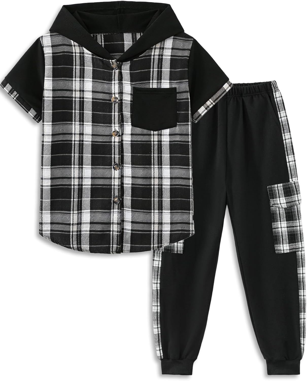 Kids Boy Clothes Plaid Hooded Short-Sleeved Shirt Top and Patchwork design Pants 2Pcs Boys Outfits