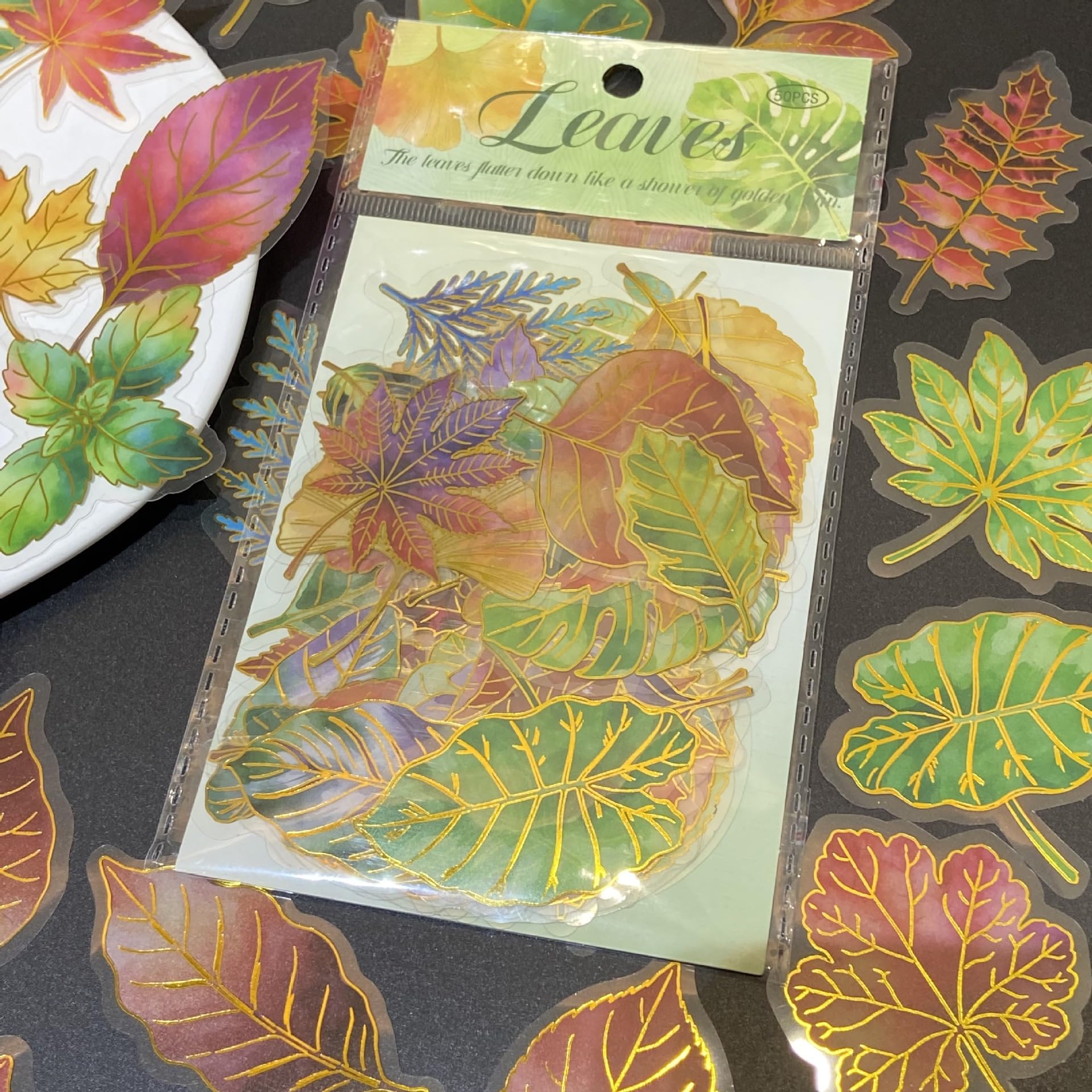50 Pcs Transparent Leaf Decals Gold Foil Foliage Stickers for Notebook Bag