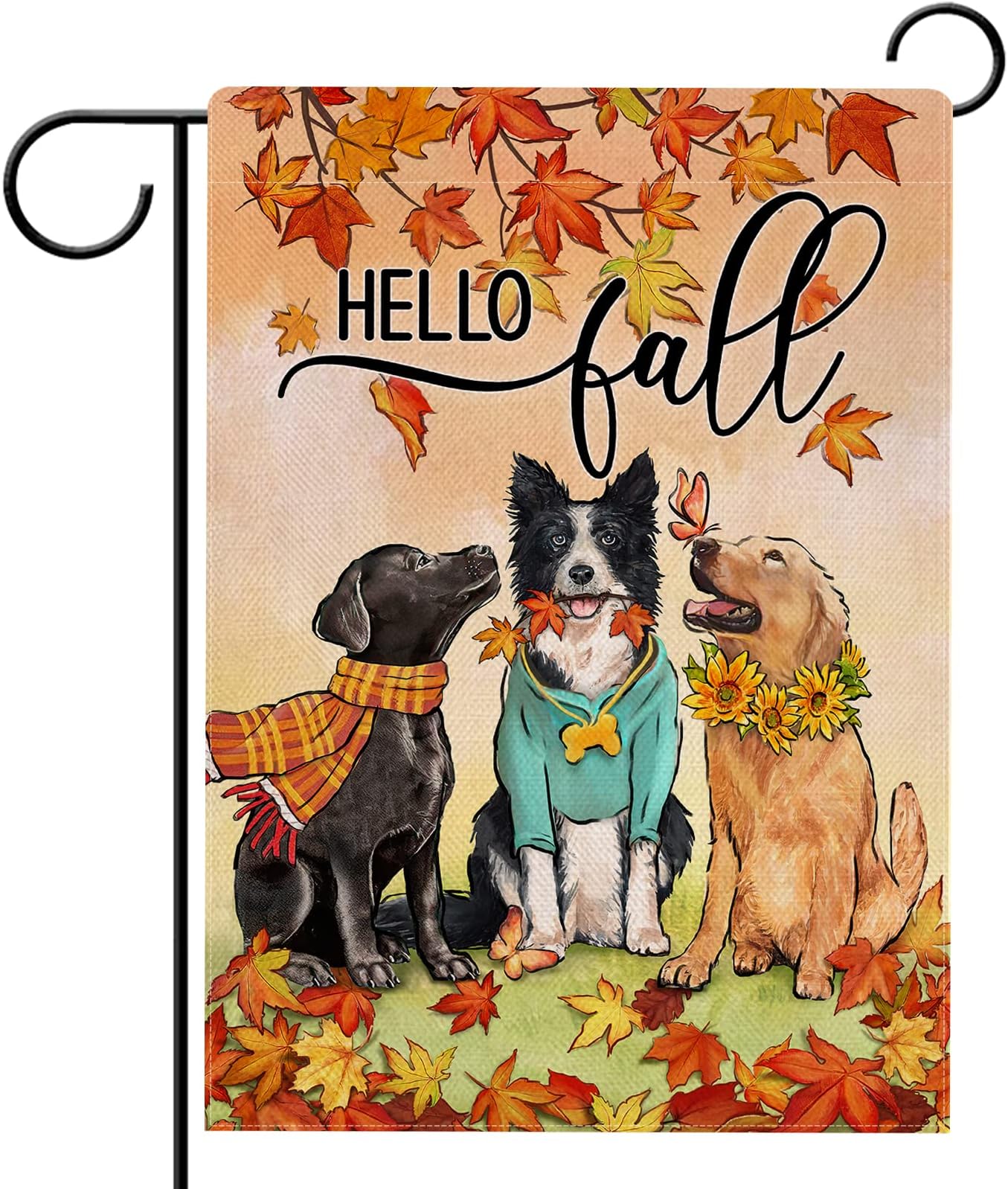 Hello Fall Dogs Maple Leaves Garden Flag Double Sided, Autumn Golden Retriever Puppy Sunflower Decorative Yard Outdoor Home Small Decor, Thanksgiving Farmhouse Outside House Decoration 12 x 18