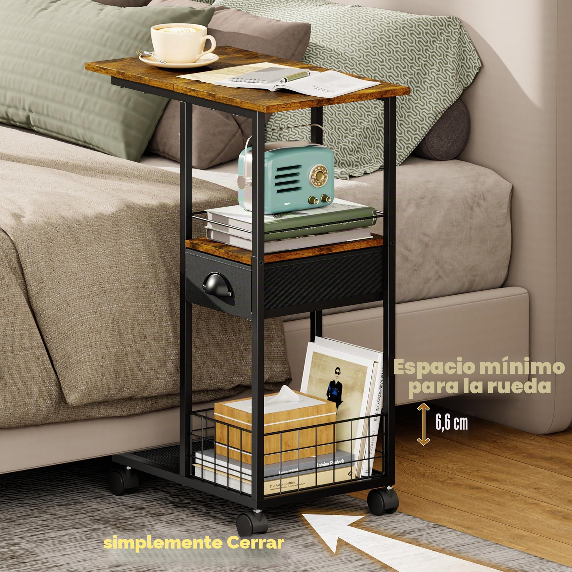 Sonyabecca Mesa Auxiliar en C con Ruedas, mesita de Noche con cajón para Cama o sofá, Mesa de Centro con Estructura de Metal, Mesa para salón, Dormitorio u Oficina en casa