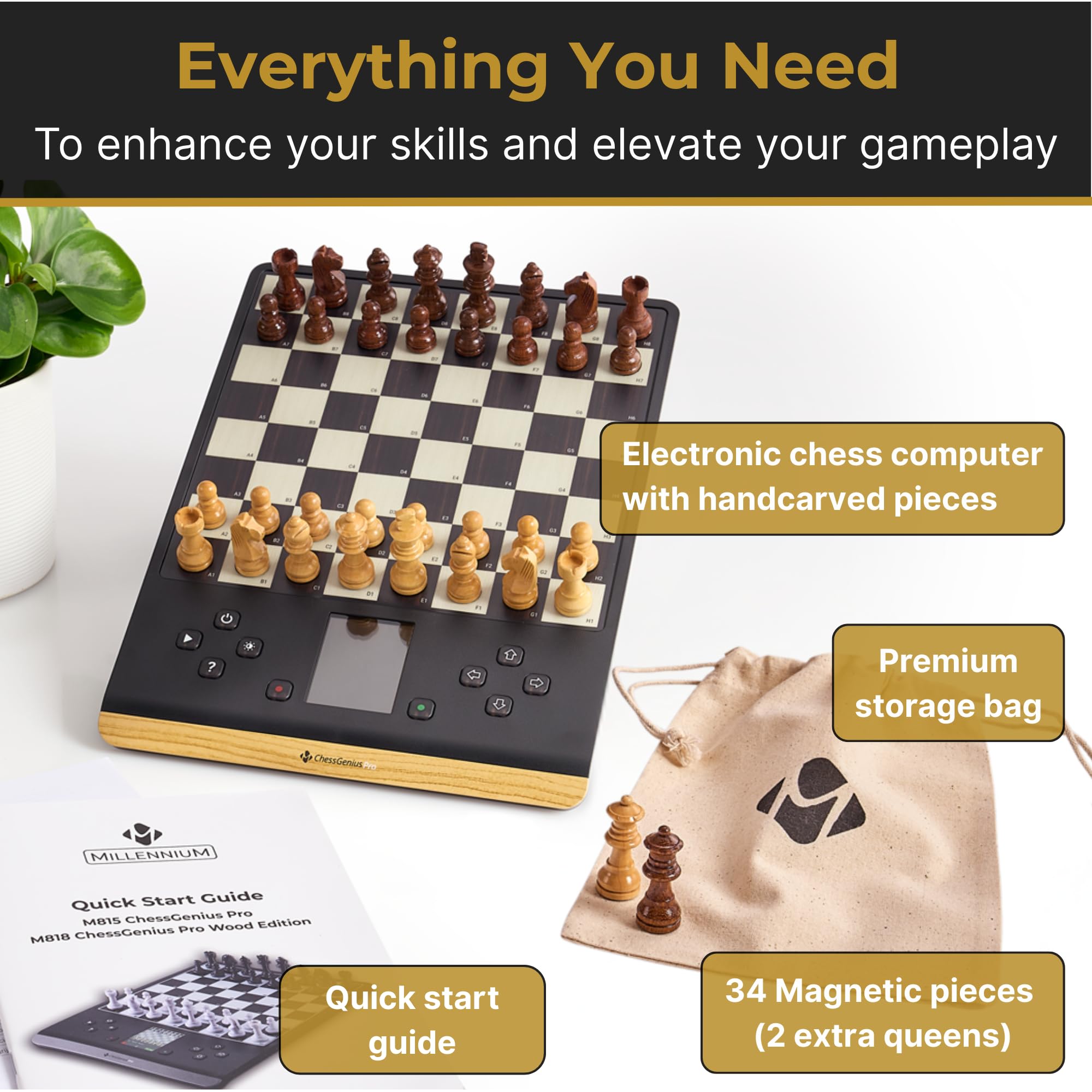 Computer per scacchi MILLENNIUM ChessGenius Pro Wood Edition - Elegante look in legno con pezzi in vero legno, facile da usare, ideale per i giocatori per hobby con funzioni di apprendimento AI