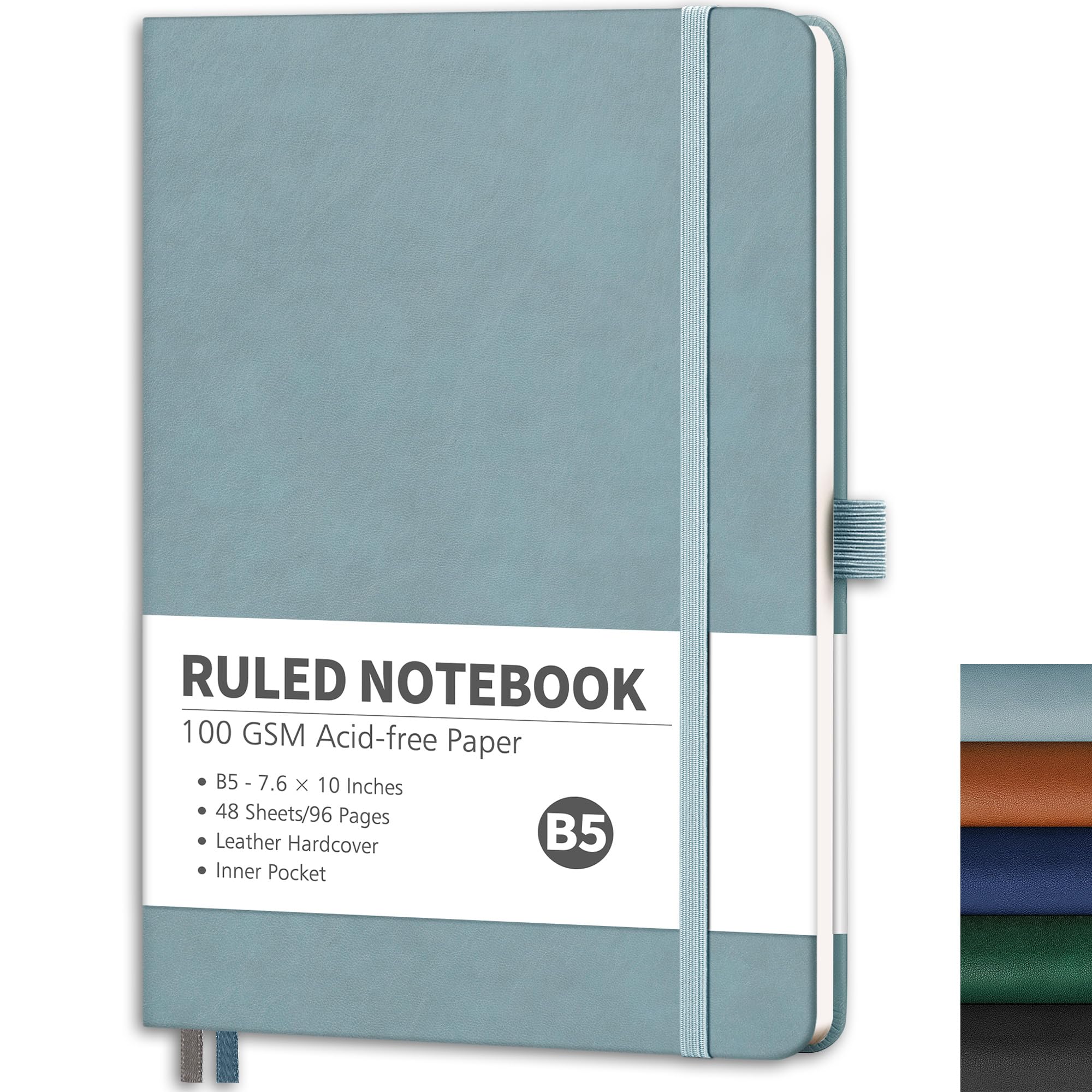 RETTACY Notebook Lined B5, Lightweight Journal Diary with 96 Numbered Pages, 100 gsm Notebooks, Inner Pocket, Hardcover Book for Office, School, Work, Women, Men, 19.3 x 25.4 cm - Grey Blue
