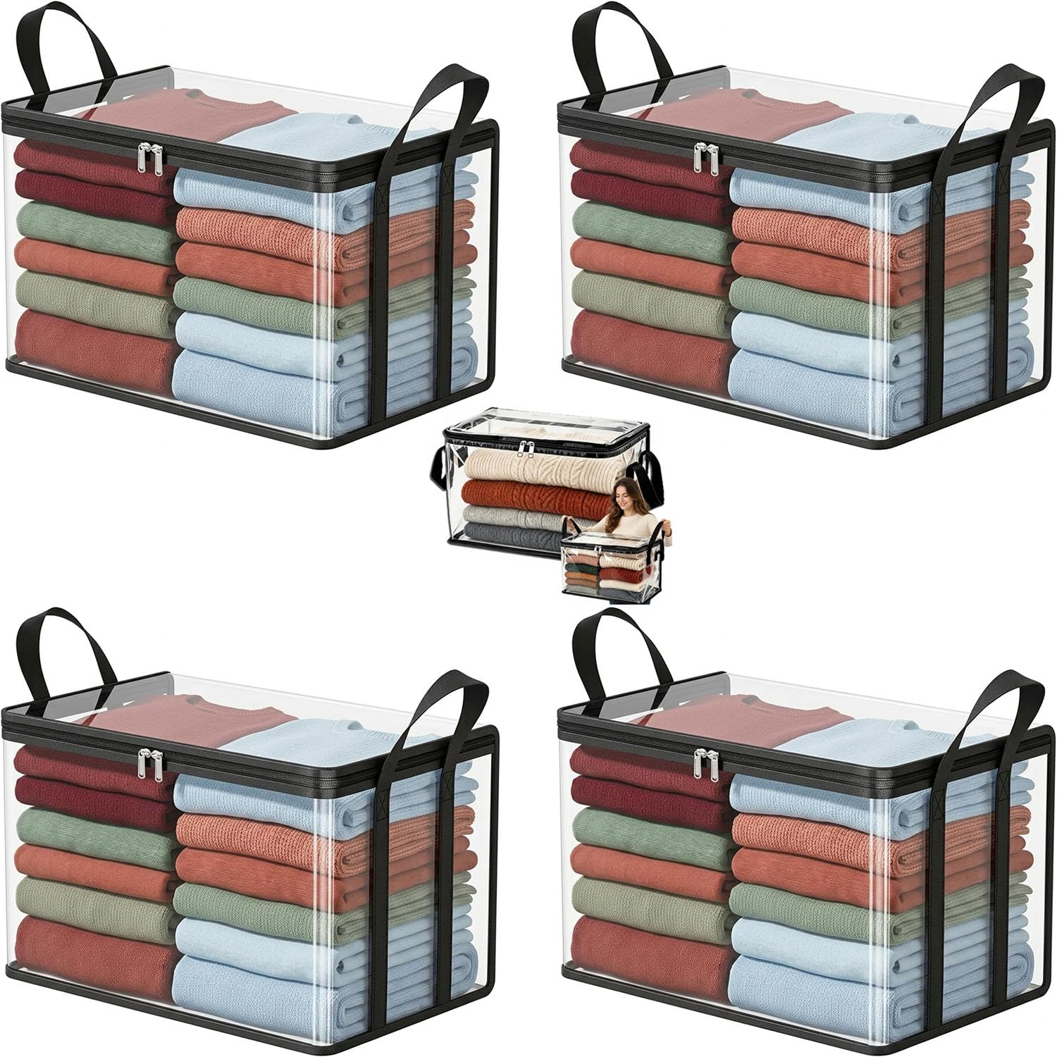 Large Clear Thick Plastic Storage Box with Hinged Lid, Heavy Duty Thick Plastic Clear Storage, Heavy-Duty Durable High Capacity Organizer for Clothes, Moving & Storage (Black, 4PCS)