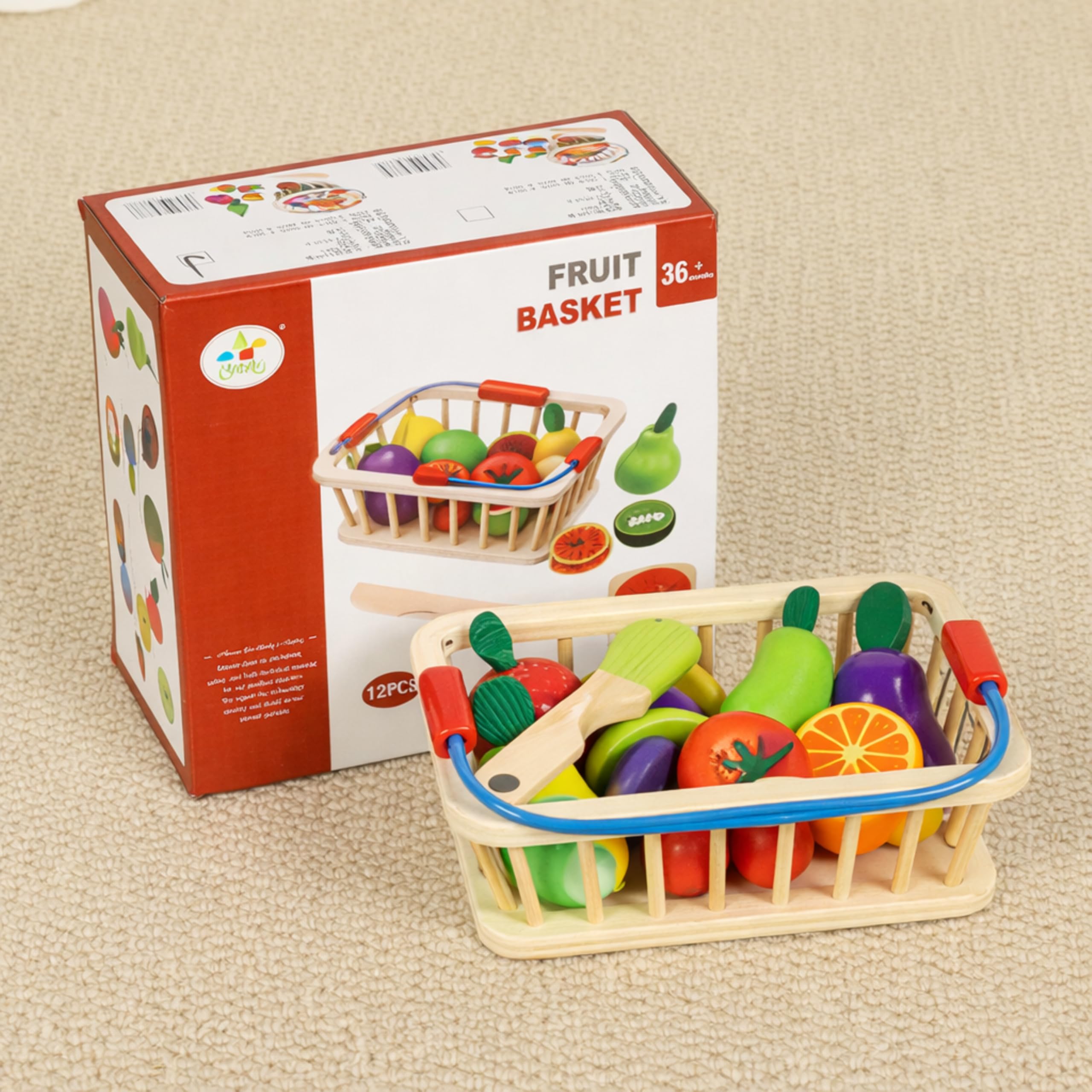 RITHVI STORE Wooden Fruits Cutting Toys for Kids, Pretend Play Toy Set for Boys and Girls, Wooden Food Basket with Knife & Peeler, Educational Montessori Toy Gift for 3+ Years 2
