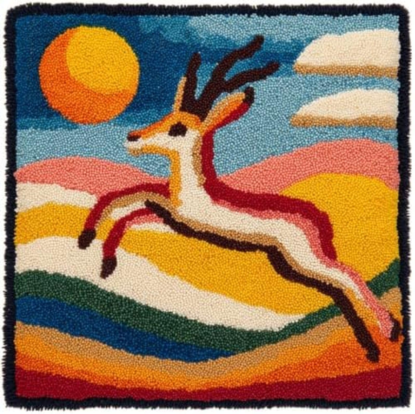 kitphoenix Latch Hook Cushion Kit for Adults,Antelope Galloping Across Plains,DIY Pillow Cover Making Craft Set with Pre-Cut Yarn,Pre-Printed Canvas and Hook,43x43 cm for Beginners