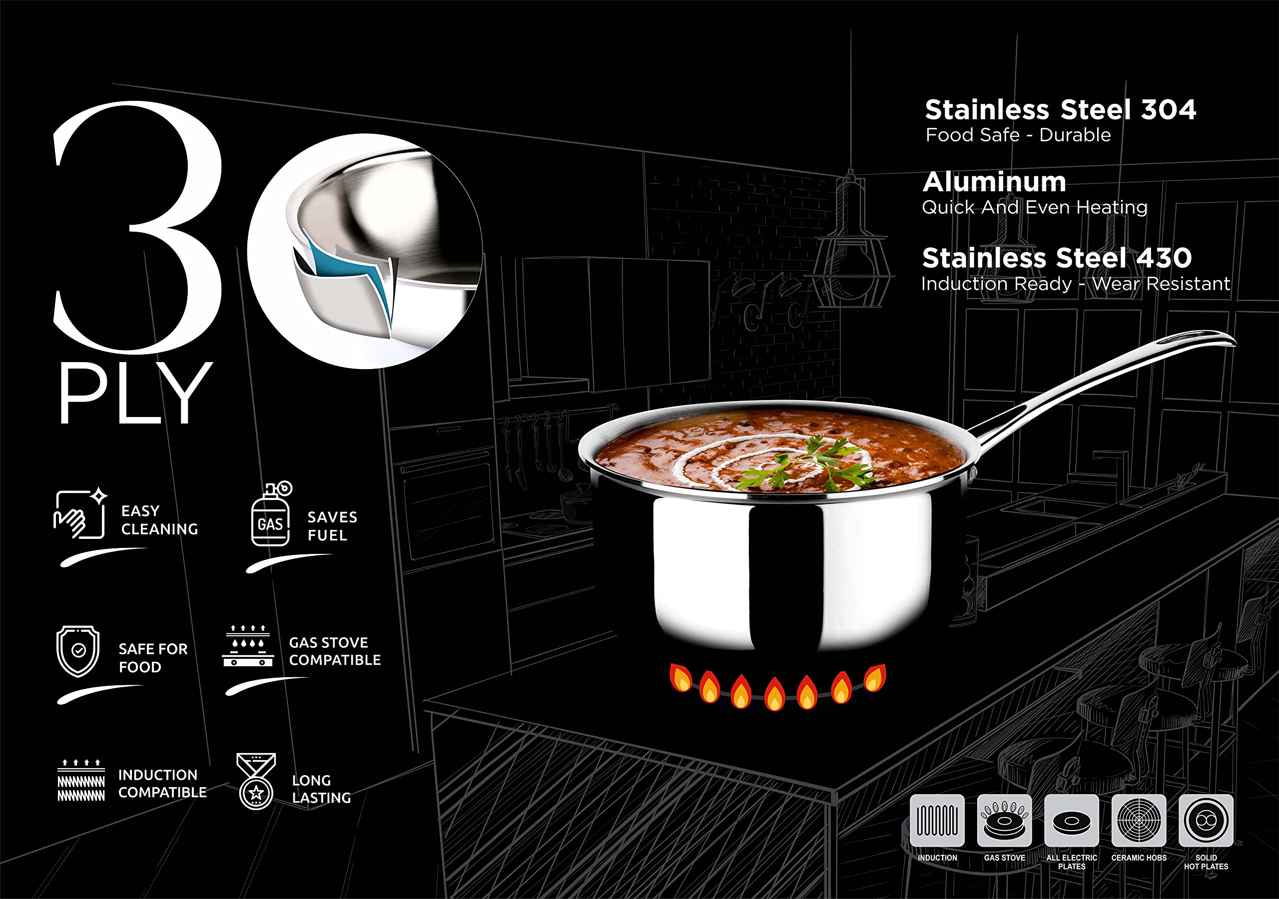 Crystal TriPro -Triply Stainless Steel Saucepan with Lid - 14 cm (Induction Bottom) - Image 4 thumbnail