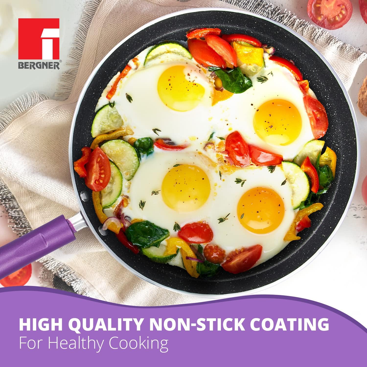 Bergner Albarino Non-Stick 4 Pcs Cookware Set - 24cm (2.5 L) Kadai with Glass Lid, 24cm Frypan and 28cm Tawa, Bakelite Handle, Minimal Oil Use - Induction Bottom, Diwali/Anniversary Gifting (Purple)