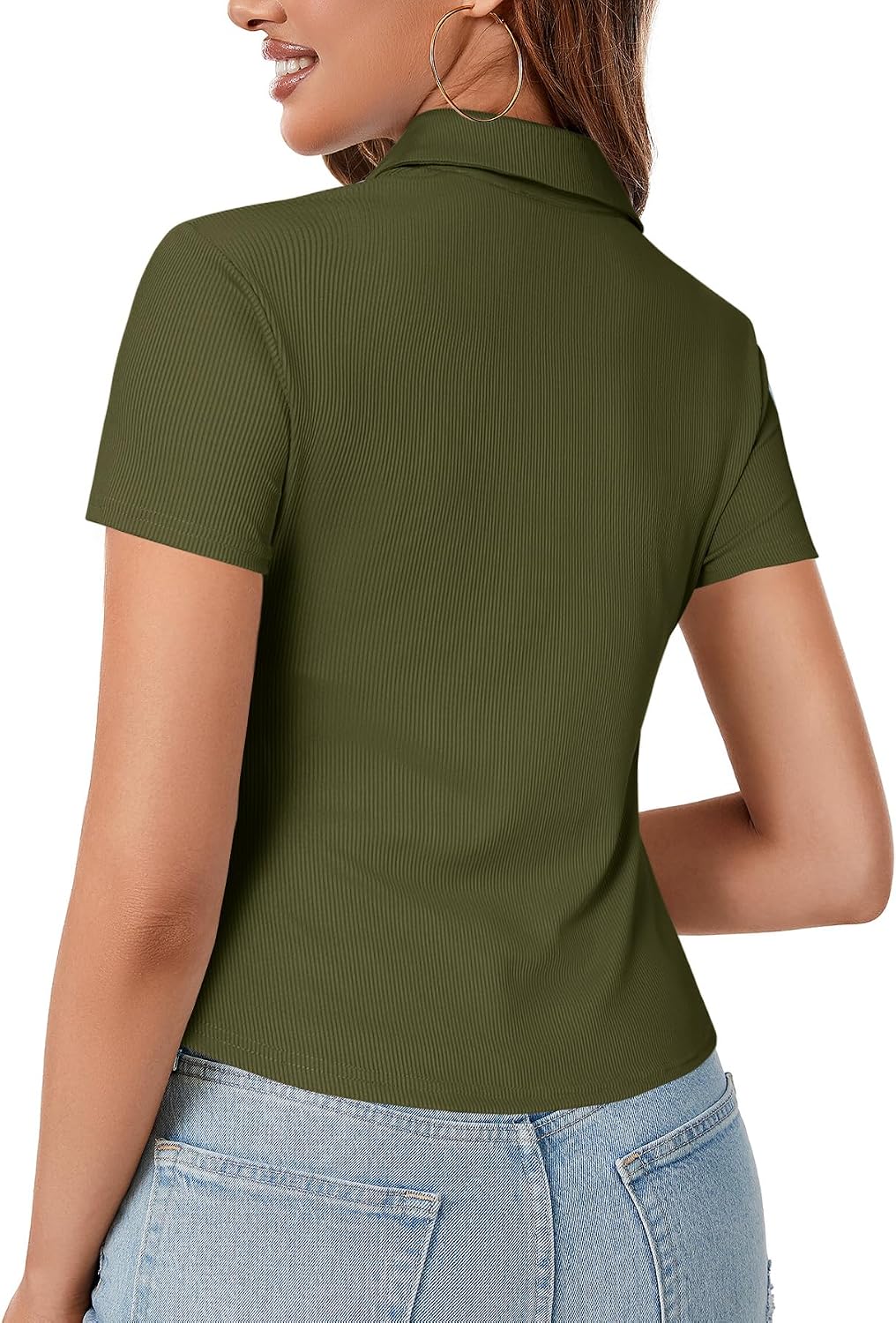 LYANER Women's Collar V Neck Button Slim Fitted Blouse Ribbed Knit Short Sleeve Shirt Going Out Top