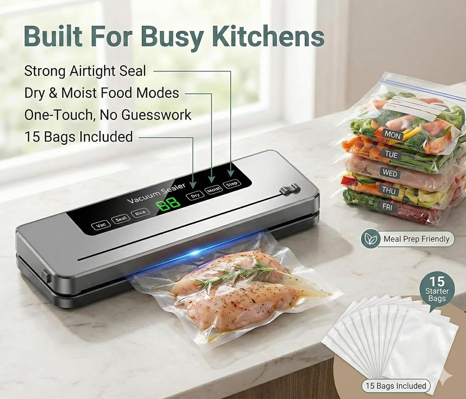 Vacuum Sealer Machine for Food |Automatic Air Sealing System with Dry & Moist Modes, One-Touch Operation &15 Bags Included. Keep Meat, Veggies & Leftovers Fresh Longer, Perfect for Meal Prep - Image 7
