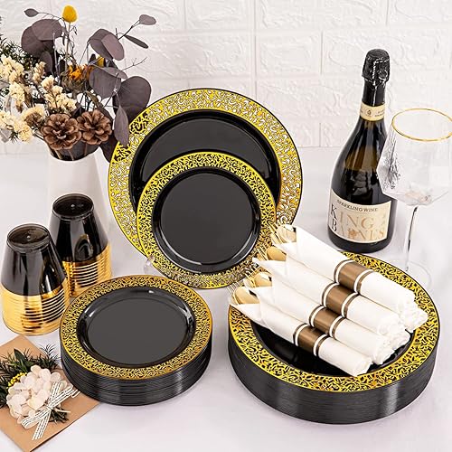 Miniatura 4 de NOCCUR 210 platos negros y dorados, platos y servilletas negros y dorados, suministros de fiesta que incluyen 30 platos de cena, 30 platos de
