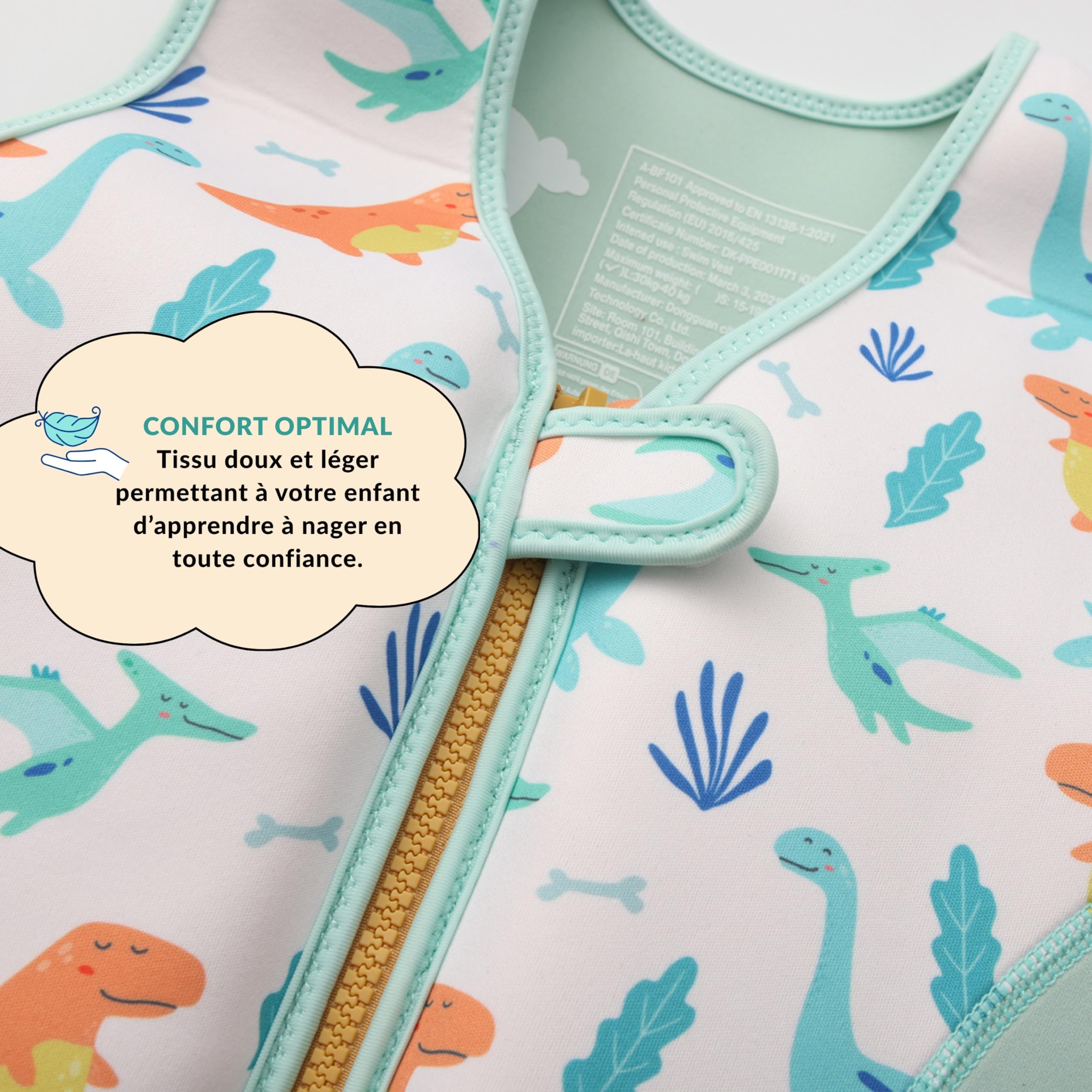 Gilet de Natation Aide à la flottabilité pour Enfants Fille garçon 3 à 6 Ans, UPF 50+, 40kg Maximum, Motif Dinosaure étoile de mer Coquille, Fermeture Éclair Sécurisée Ceinture Ajustable