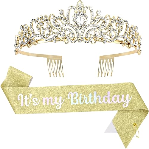 Corona de cumpleaños para mujer, juego de banda y tiara de diamantes de imitación, banda de cumpleaños de princesa y tiara para mujer, decoración de