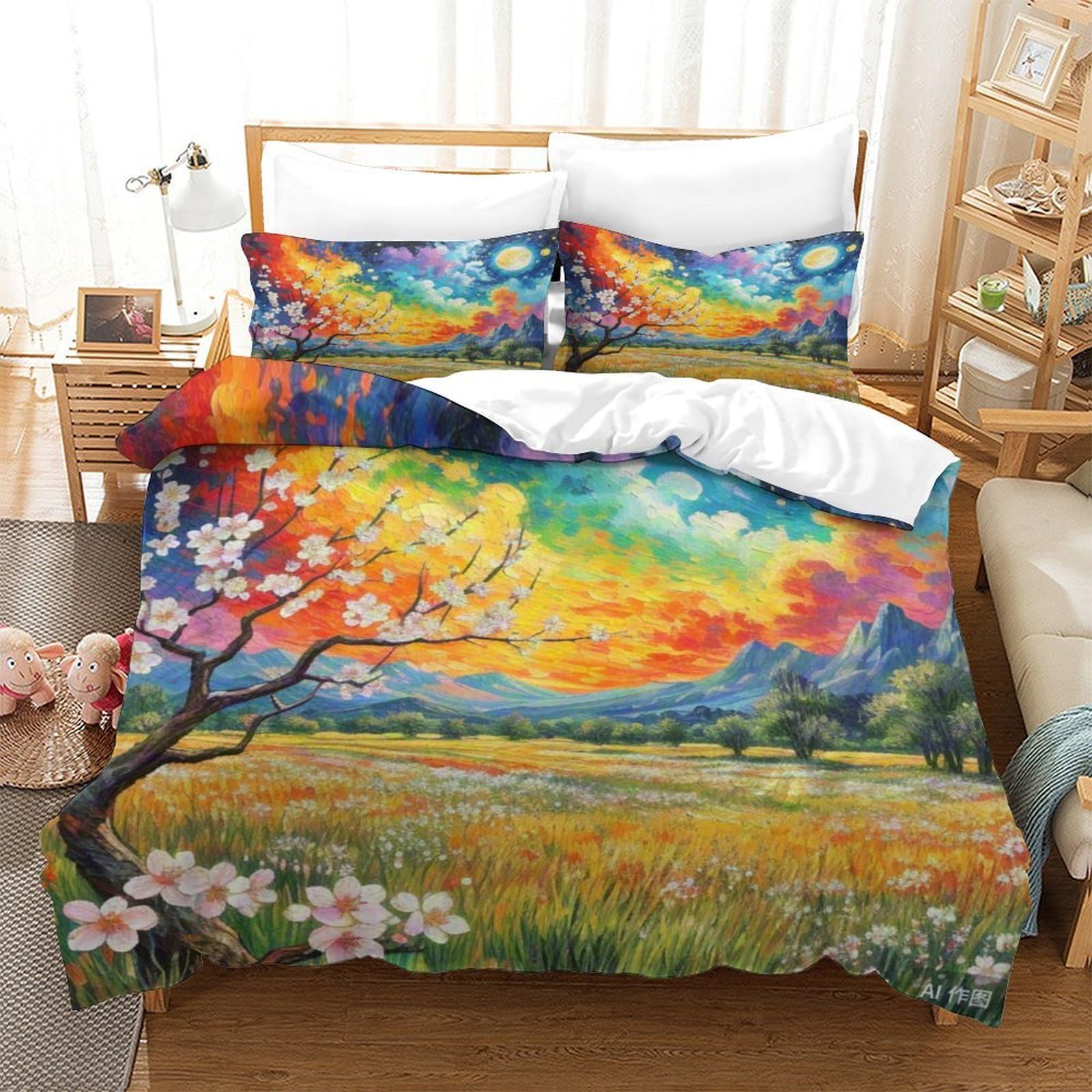 Housse de couette fleur d'abricot 3D 140x200cm zippée et facile à laver