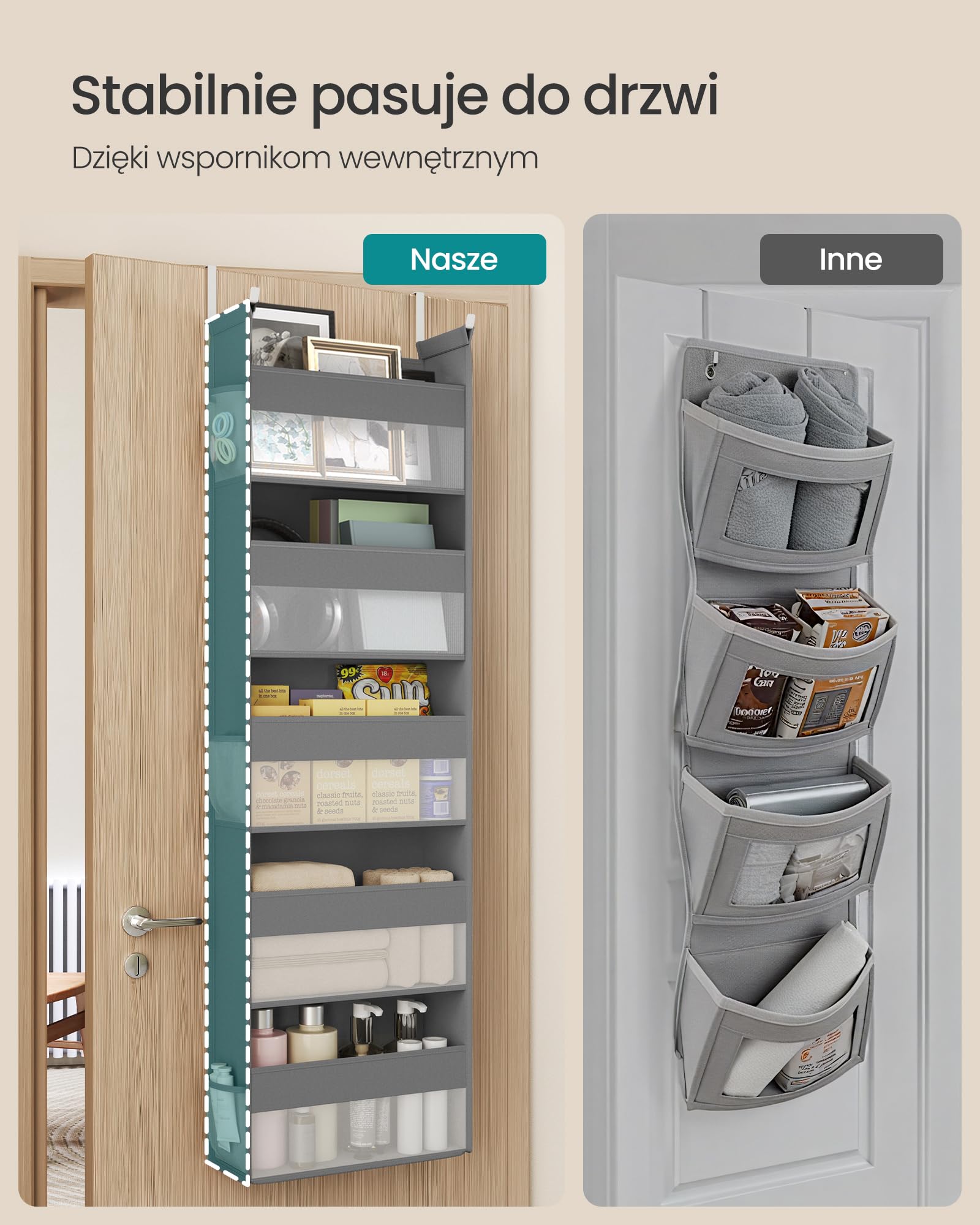 SONGMICS Wiszący regał magazynowy, Wisząca półka, Regał magazynowy na drzwi, Materiałowy regał drzwiowy, Przezroczysta siatka nylonowa, Metalowe haki, Kieszenie boczne, Gołębia szarość RDH007G01