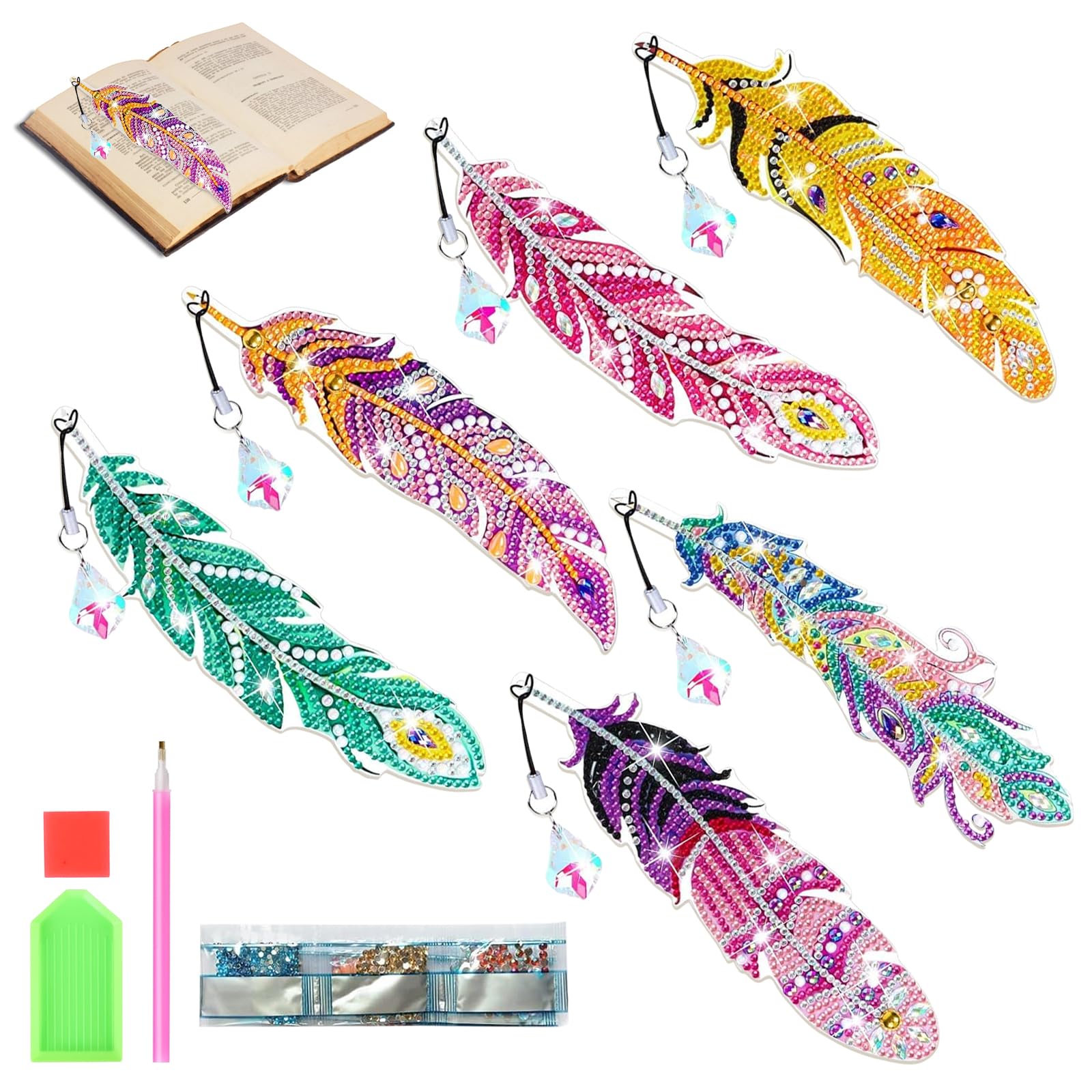 6Pcs Diamond Painting Bookmarks DIY Kit Diamond Art Feather Bookmarks for Women Crystal Creations Arts and Crafts Kits for Kids Adults
