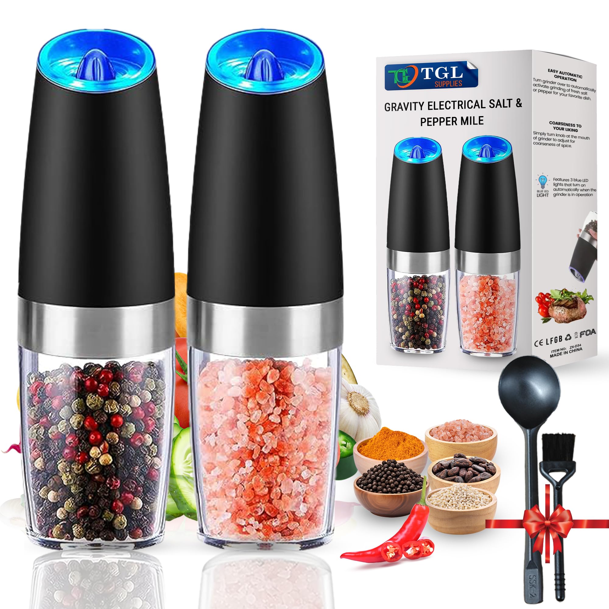 TGLS Electric Salt and Pepper Grinder Set - Electric Salt Grinder with Adjustable Coarseness automatic pepper grinder - pepper grinder mill electric - Blue LED Light salt and pepper shakers (2Packs)