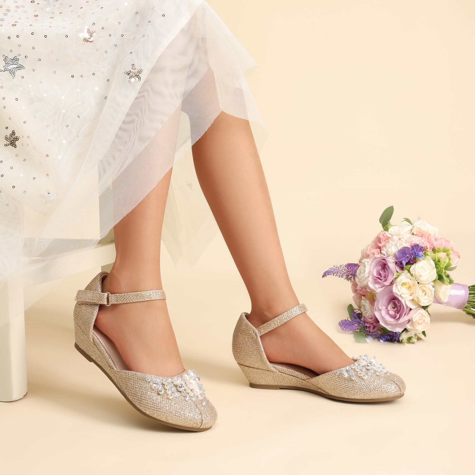 DREAM PAIRS Mädchen Prinzessin Schuhe Schulschuhe Flache Schuhe Kleiderschuhe Absätze niedrige Keilpumps mit Perlen und Strasssteinen