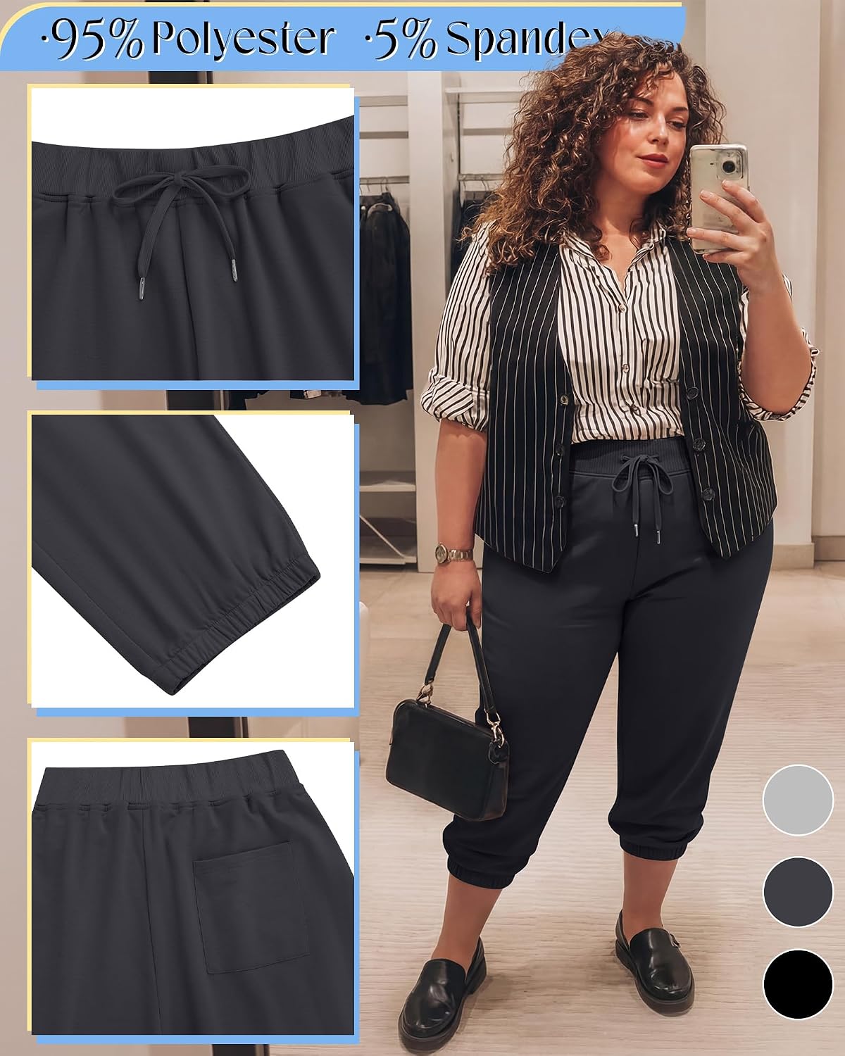 3 Pack Women's Plus Size Capri Sweatpants Athletic Joggers Cropped Lounge Pants Elastic Drawstring with Pockets