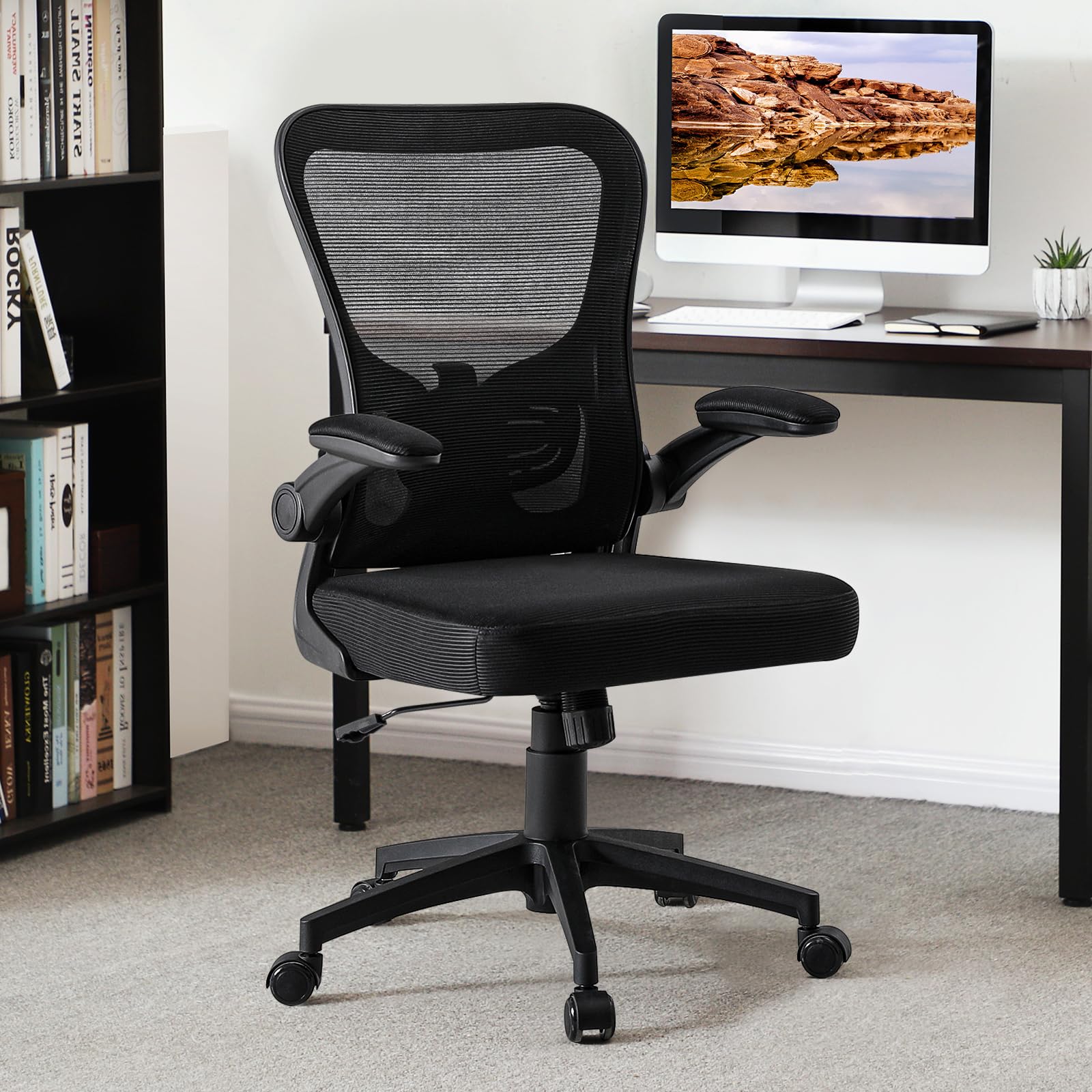 Hellove Home Office Schreibtischstuhl, Ergonomischer Computer-Mesh-Arbeitsstuhl mit mittelhoher Rückenlehne, höhenverstellbarem, bequemem Sitz, Drehstuhl mit hochklappbaren Armlehnen
