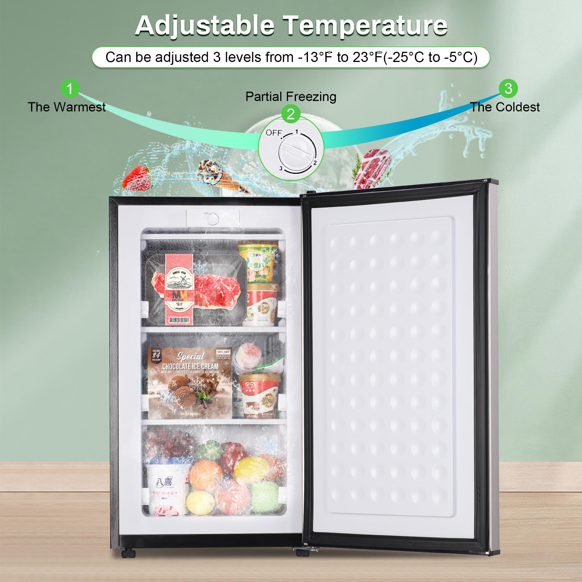 Maine Upright Freezer 3.6 Cu.Ft Mini Freezer With Reversible Stainless Steel Door Freestanding Compact Freezer With 3 Adjustable Thermostat, Small Freezer For Apartment Dorm (Silver) on Fridge.com - View 2