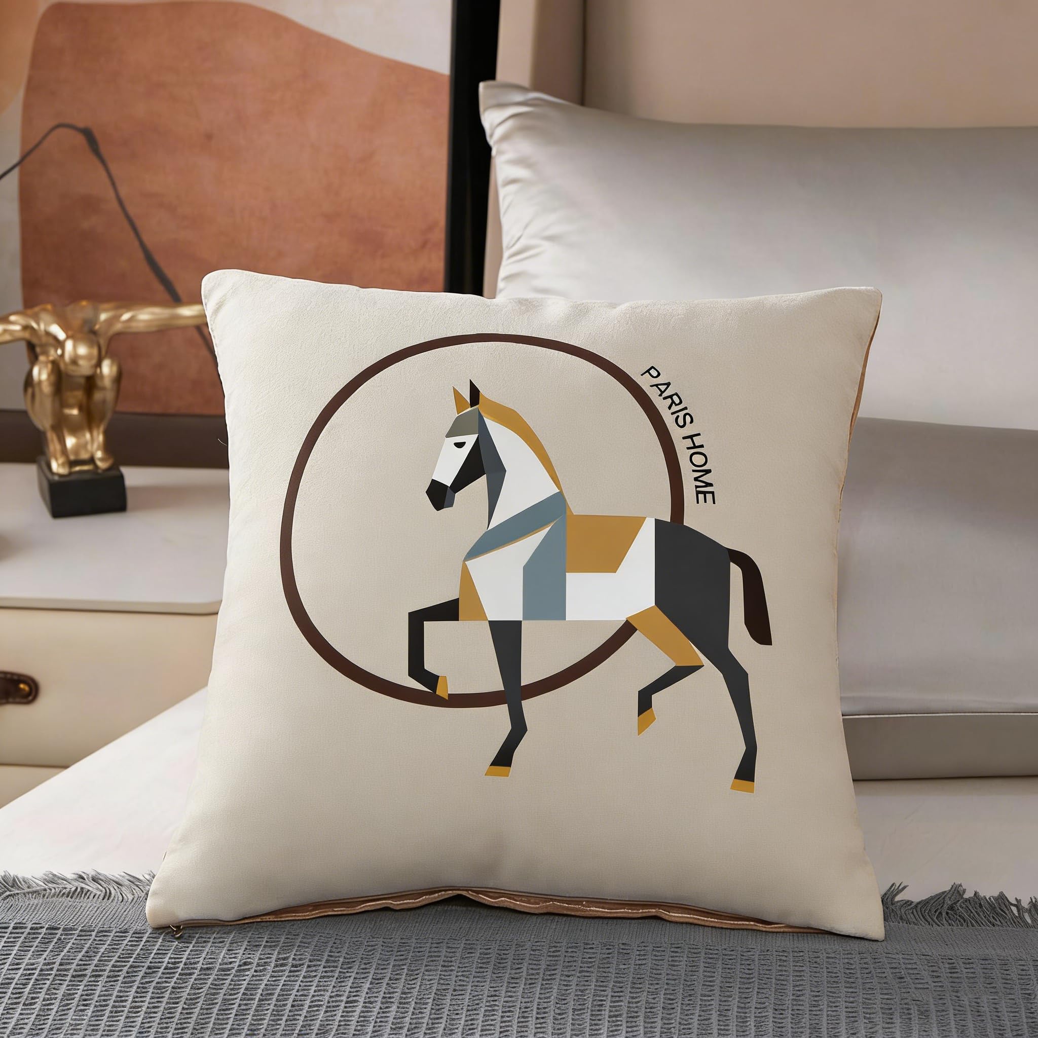 Khazna 18x18'' inches Throw Pillow Cushion Covers Set Pack of 2 Pcs - Luxury Horse Embroidery Modern Style Couch Sofa Pillow Cover for Living Room Bedroom (White)