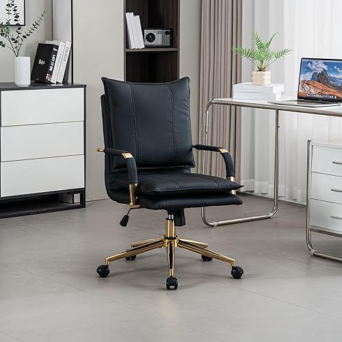 Sillas de escritorio de cuero para oficina en casa, silla de oficina cómoda, silla giratoria ajustable con respaldo medio con patas y brazos
