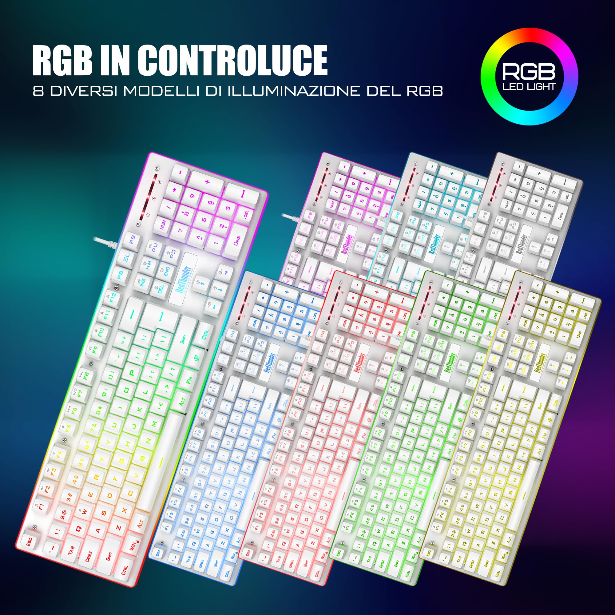 RedThunder K10 Juego de reposamuñecas de piel 3 en 1, retroiluminación dinámica RGB + sensación mecánica, teclas anti fantasma + ratón 7D 7200DPI, diseño de TI, jugadores de PC - Blanco