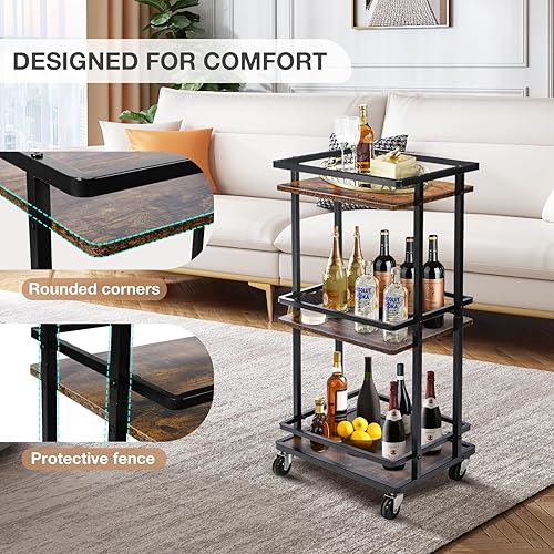 Miniatura 2 de BOEASTER Carrito de barra de 3 niveles para el hogar, carrito de servicio de mini bar rodante, carrito de vino con ruedas, carrito de vino de estilo