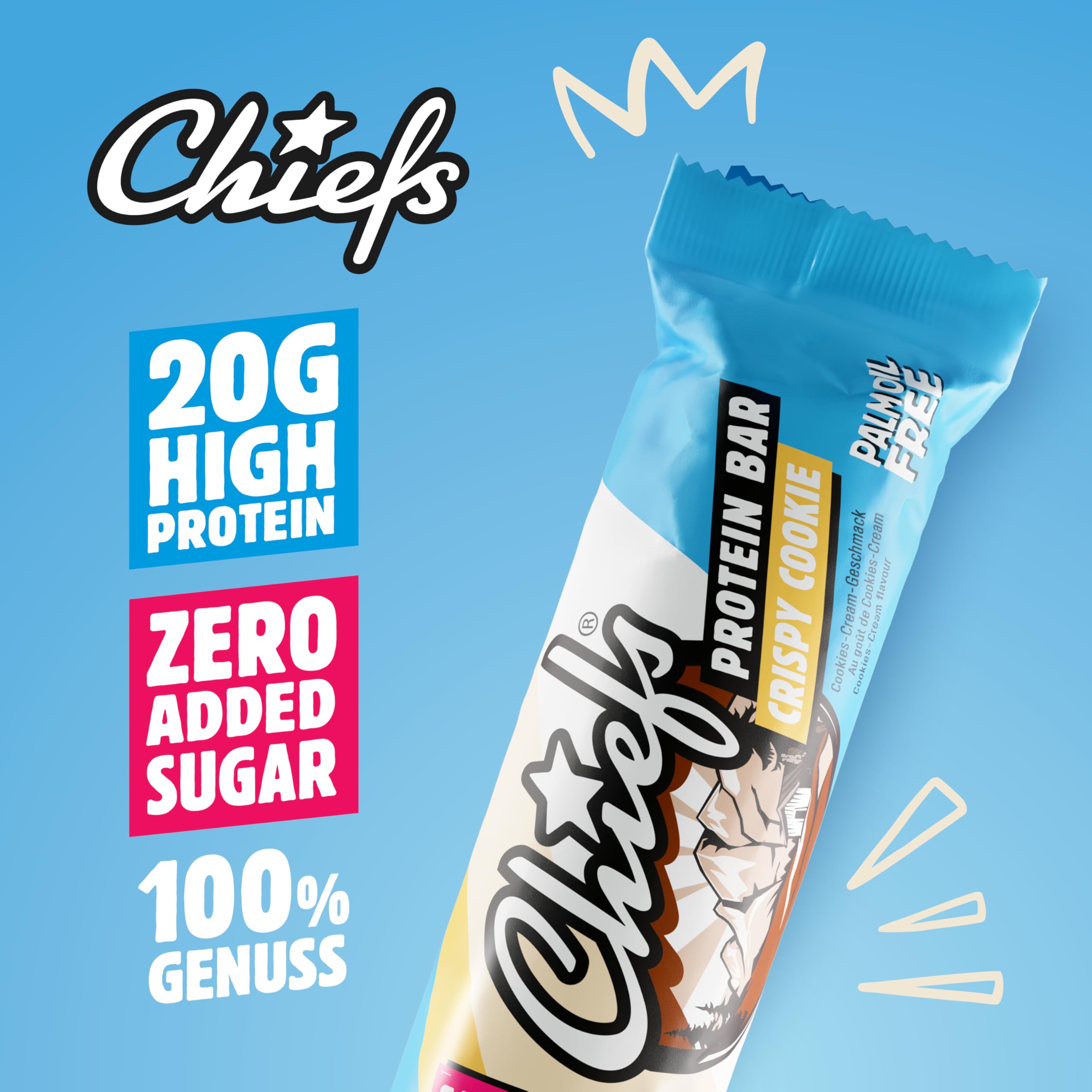 CHIEFS High Protein Riegel - knuspriger Crispy Cookie Geschmack - 12er Box - 20g Protein - perfekte Snacks ohne Zuckerzusatz - Low Sugar - 55g Eiweißriegel ohne Palmöl