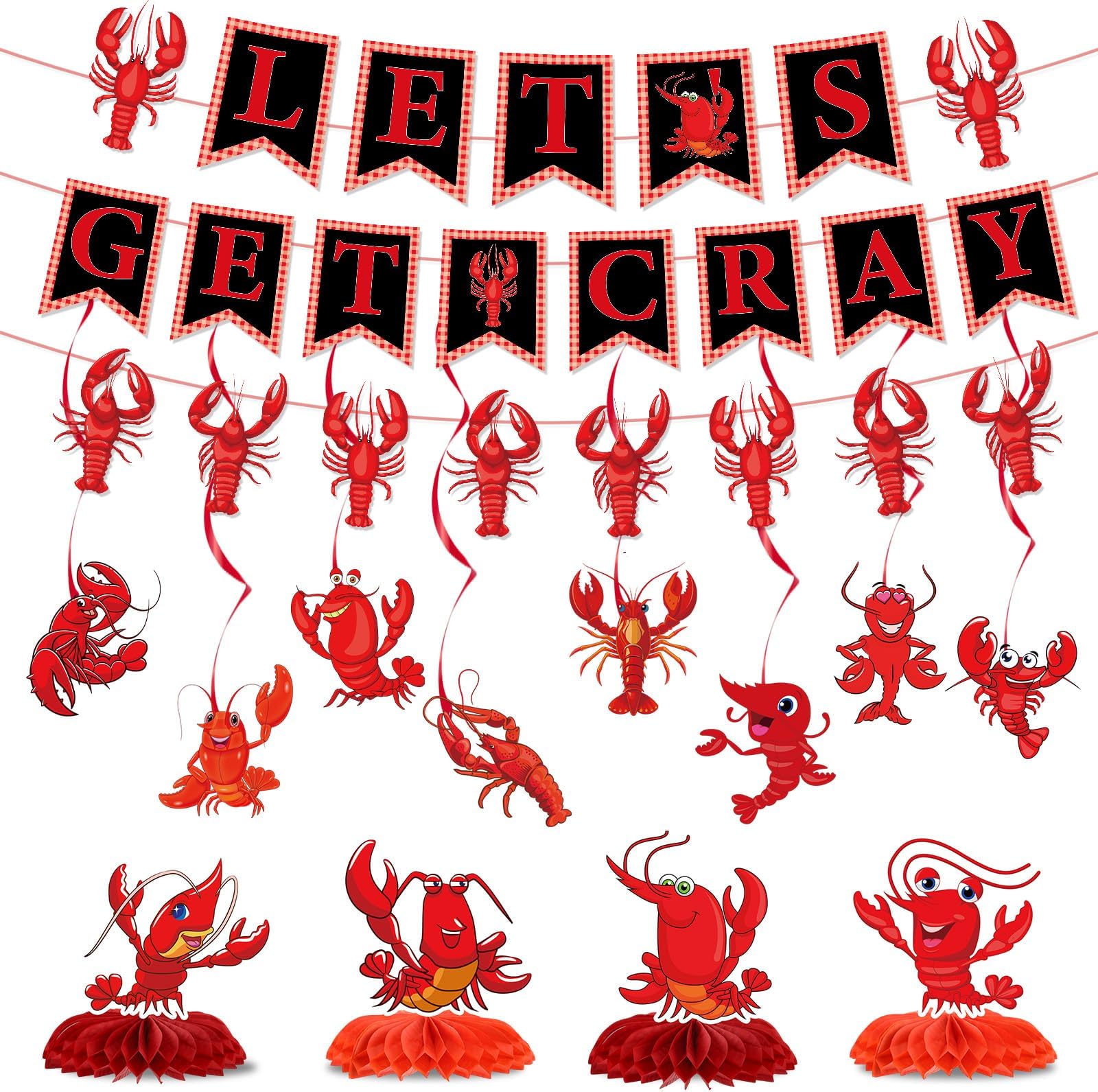 Let's Get Cray Banner Decorations, 15 Pcs Red Crab Boil Lobster Crawfish Banner Birthday Party Decorations, Summer Lobster Hanging Swirls Centerpieces Kit for Holiday Party Decor
