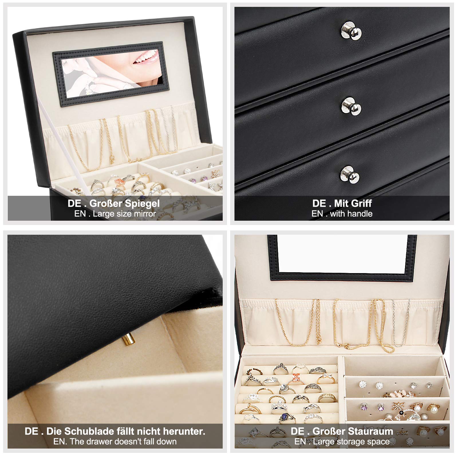 Yorbay Portagioie Scatole per gioielli Custodia con specchio Cofanetto orologi braccialletti anelli (5 cassetti, Nero) Riutilizzabile