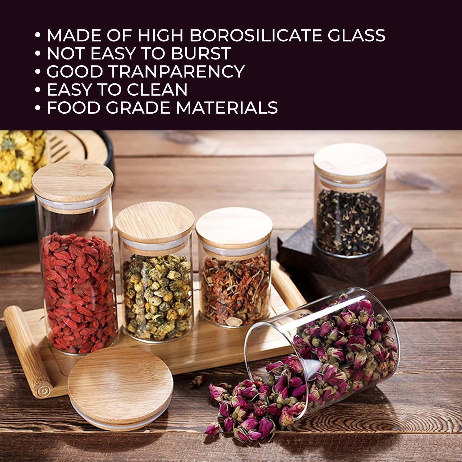 Home & Treat Lot de 6 bocaux de conservation en verre avec couvercles en bambou - 500 ml - 6 couvercles et étiquettes - Contenants alimentaires en verre borosilicate pour sucre, grains de café, noix,