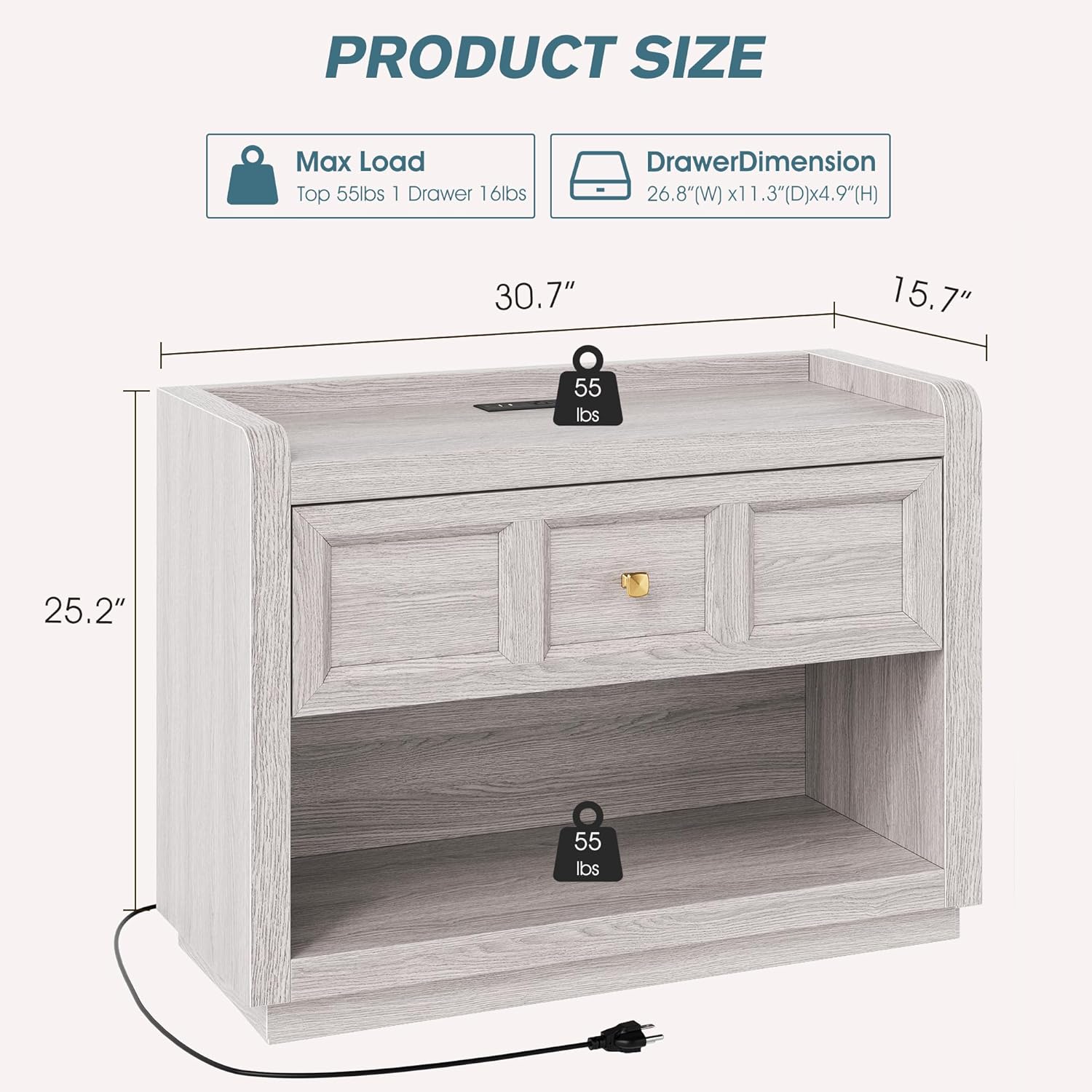 Fynar 31" Nightstands with Charging Station, Oversized King Size Night Stand Bedside Table with Large Drawer, Farmhouse End Table with Round Corners for Bedroom, Grey White Oak