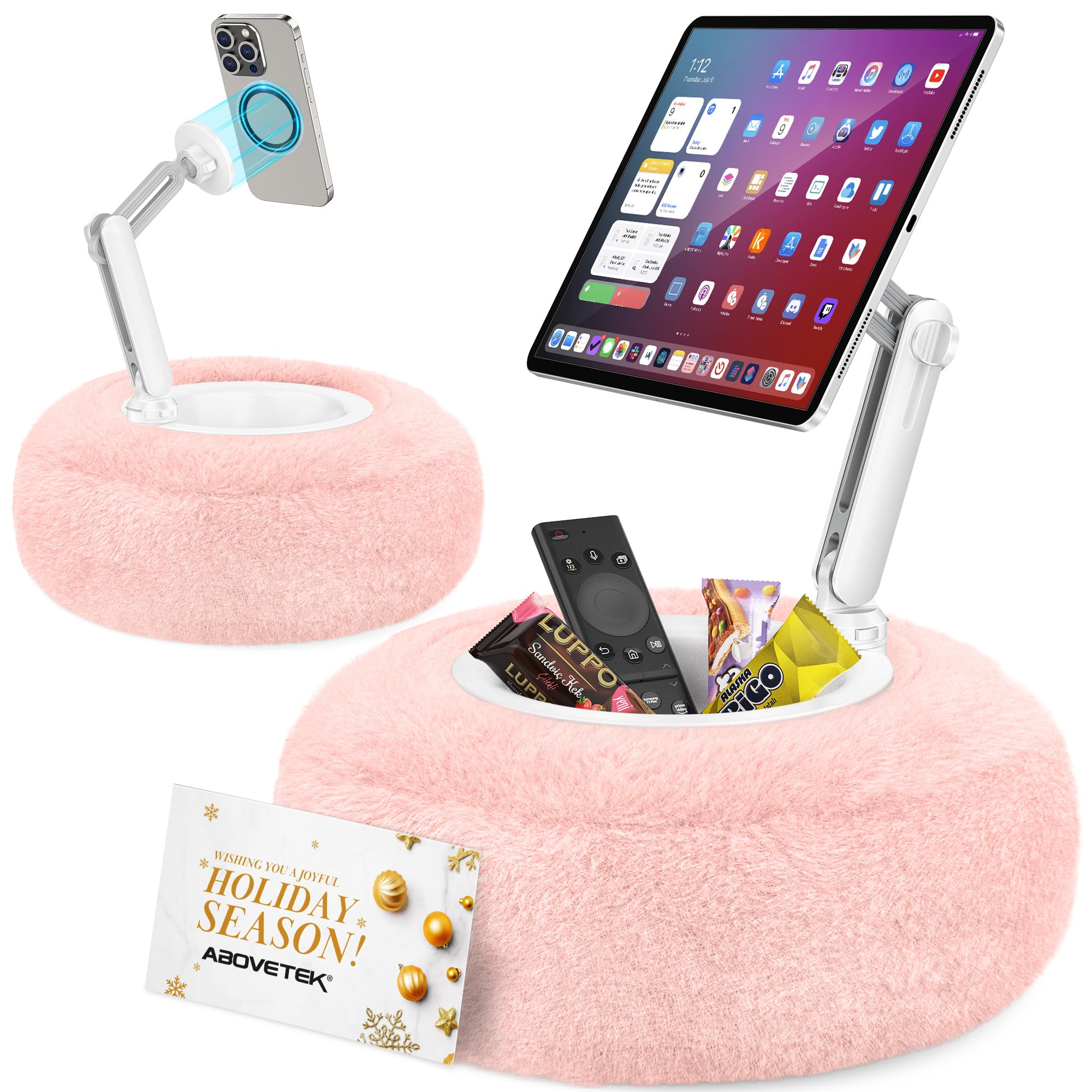 AboveTEK Magnetyczny uchwyt na tablet, poduszka kompatybilna z telefonami 4,7-13", tabletami, Kindle, regulowany 360°, uchwyt na iPada, łóżko, sofę, miękki i wygodny, różowy