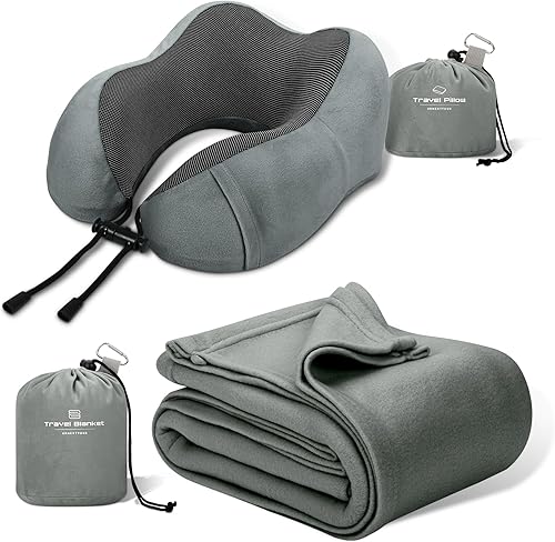 urnexttour Travel Pillow and Blanket Set Neck Pillow Airplane Memory Foam and Compact Soft Airplane Blanket with Bag Womens Travel Essentials for