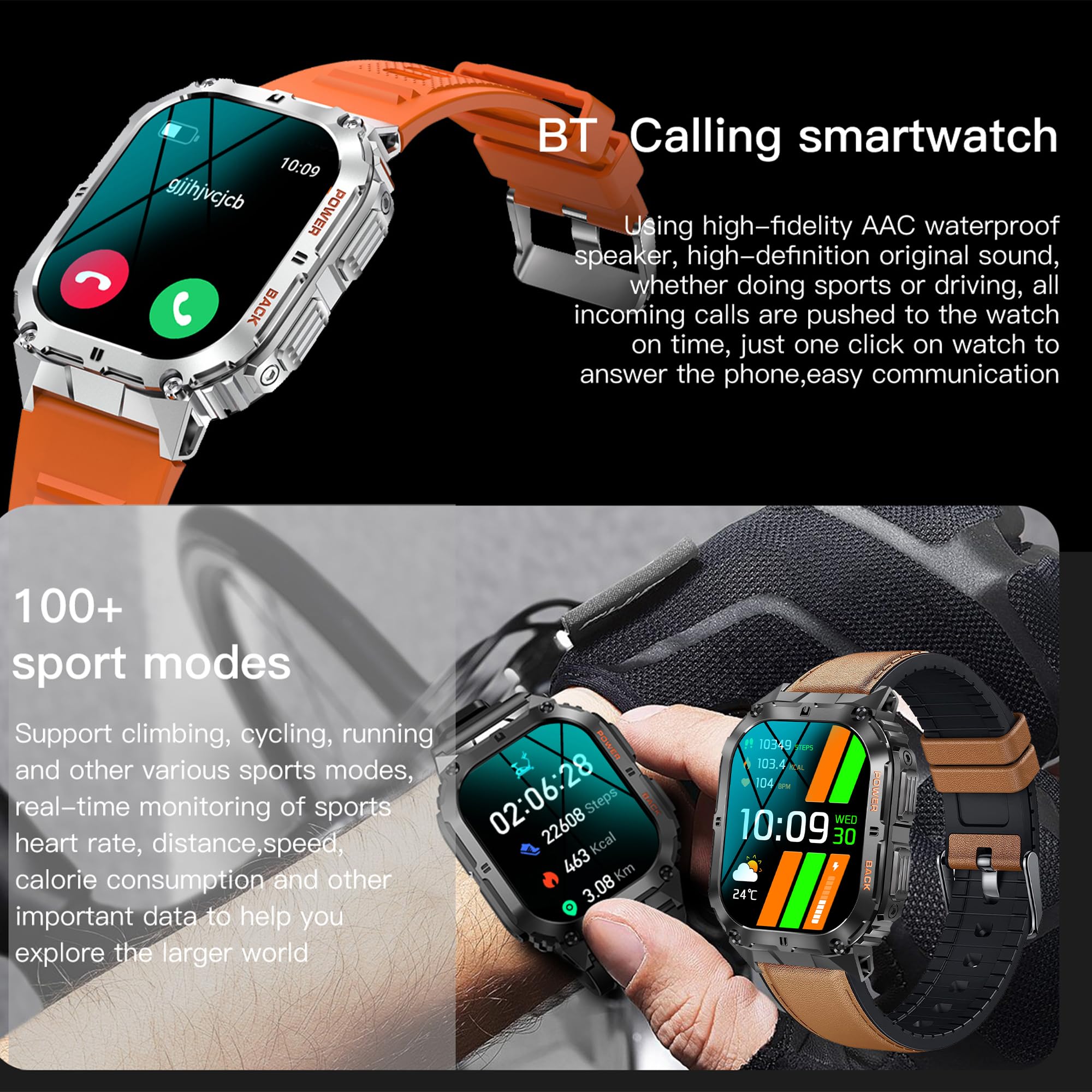 AMOLED smartwatch męski 1,96" z funkcją telefonu, wodoszczelność IP68, zegarek sportowy z 100+ trybami sportowymi, pomiar ciśnienia krwi, SpO2, tętno, krokomierz, wojskowy zegarek fitness do iOS