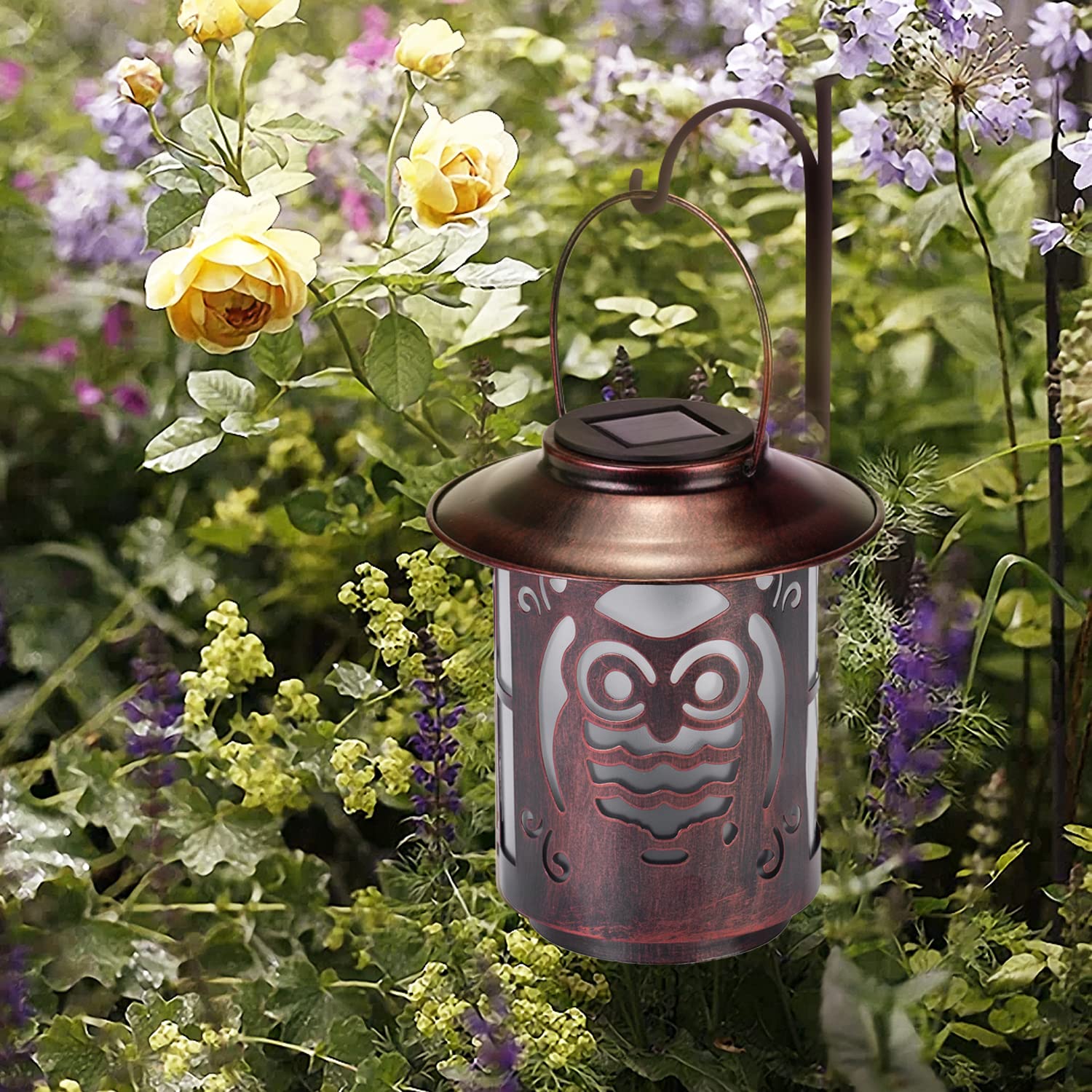 Wisząca latarnia solarna na zewnątrz, wodoodporna, sowa, retro, metalowe lampy solarne LED, dekoracyjne na patio, ogród, trawnik, podwórko, dekoracja