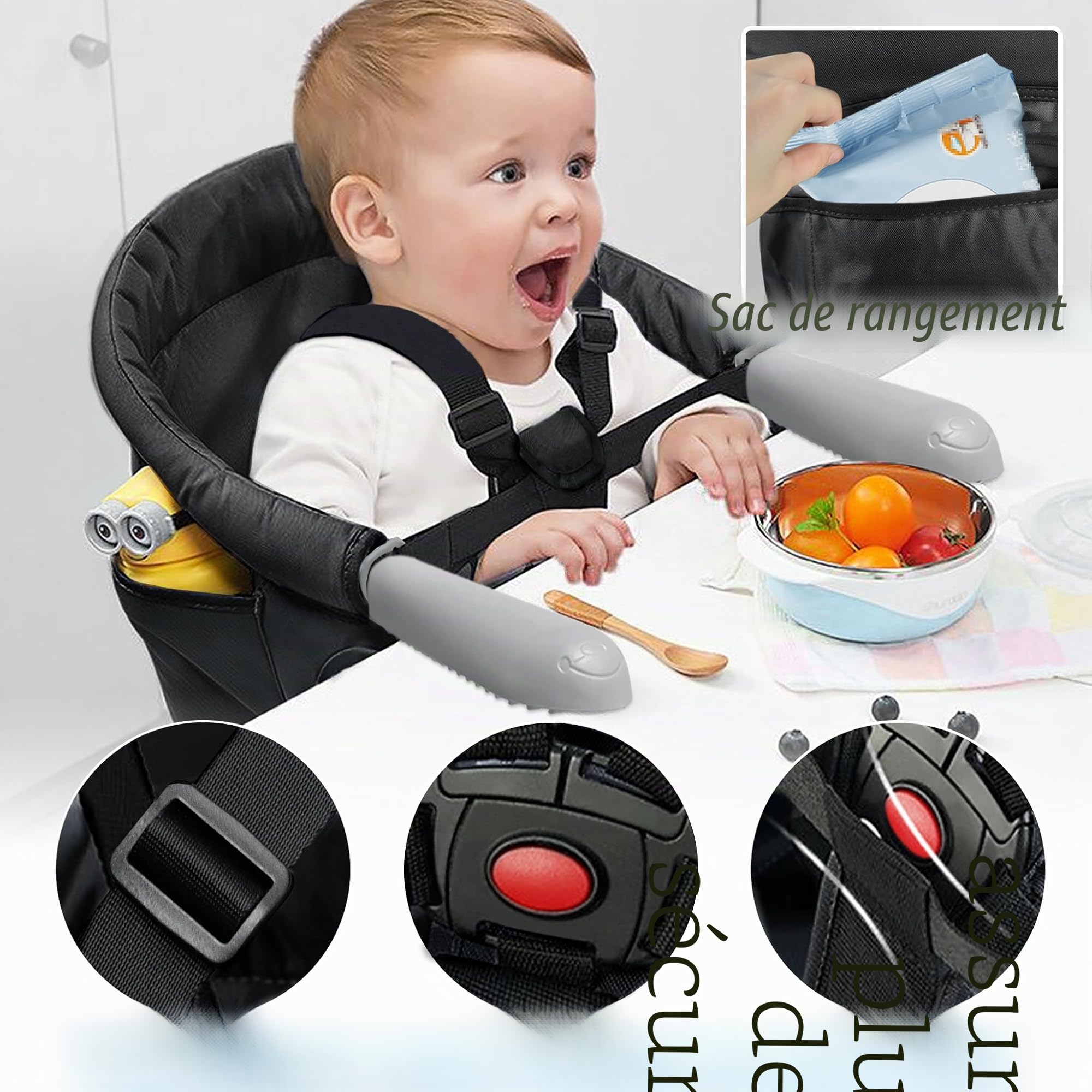 LZQ Siège de table pour bébé de 6 à 36 mois - Pliable - Pour tables de 2 à 8 cm d'épaisseur - Avec pinces antidérapantes et sac d'assise - Noir