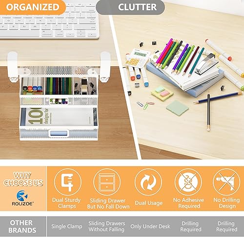 Miniatura 7 de Organizador de cajones deslizantes para debajo del escritorio, sin taladrar, 2 cajones deslizantes para escritorio o debajo de la mesa, abrazadera