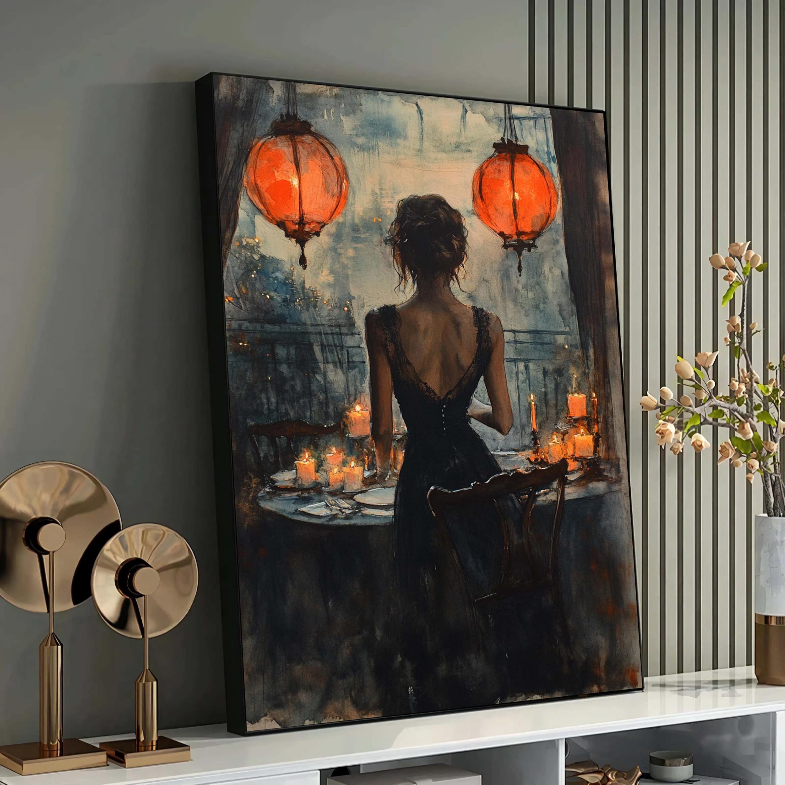 Tableau sur toile soirée romantique aux chandelles et femme en robe noire 60x80 - 6