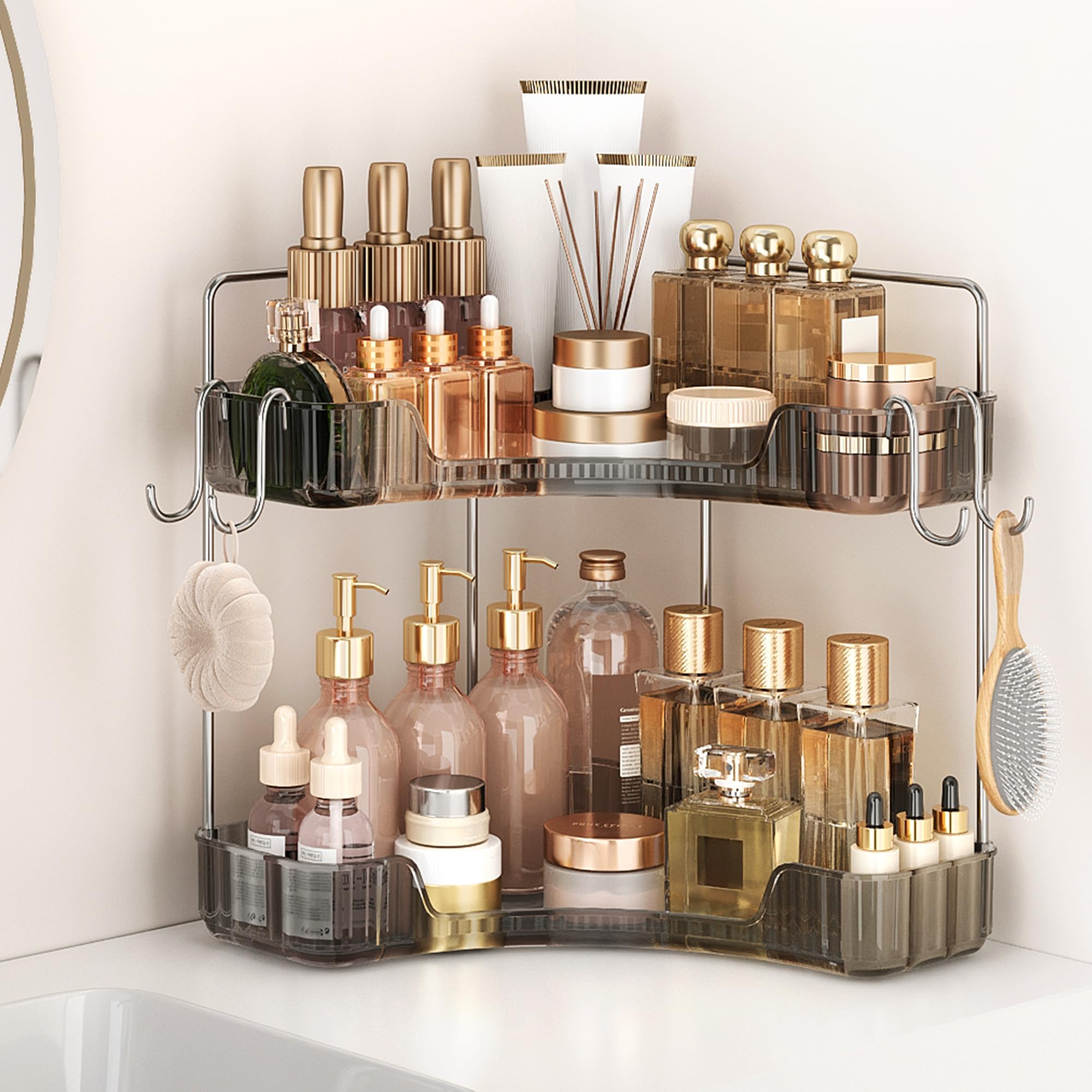 Kinkota Corner Counter Organizer, 2-Tier Bathroom & Kitchen Storage Tray with Hooks | Clear Vanity Organizer for Skincare, Makeup & Jewelry