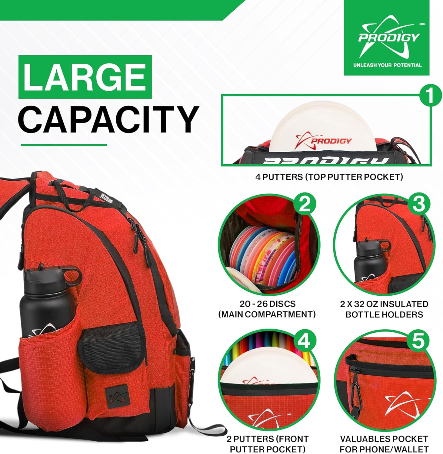 Prodigy Disc BP-1 V3 Disc Golf Backpack | Backpack Storage with 30+ Disc Capacity | Disc Golf Backpack Bag | Tear & Water Resistant | Golf Accessories for Men | Large Golf Disc Bags