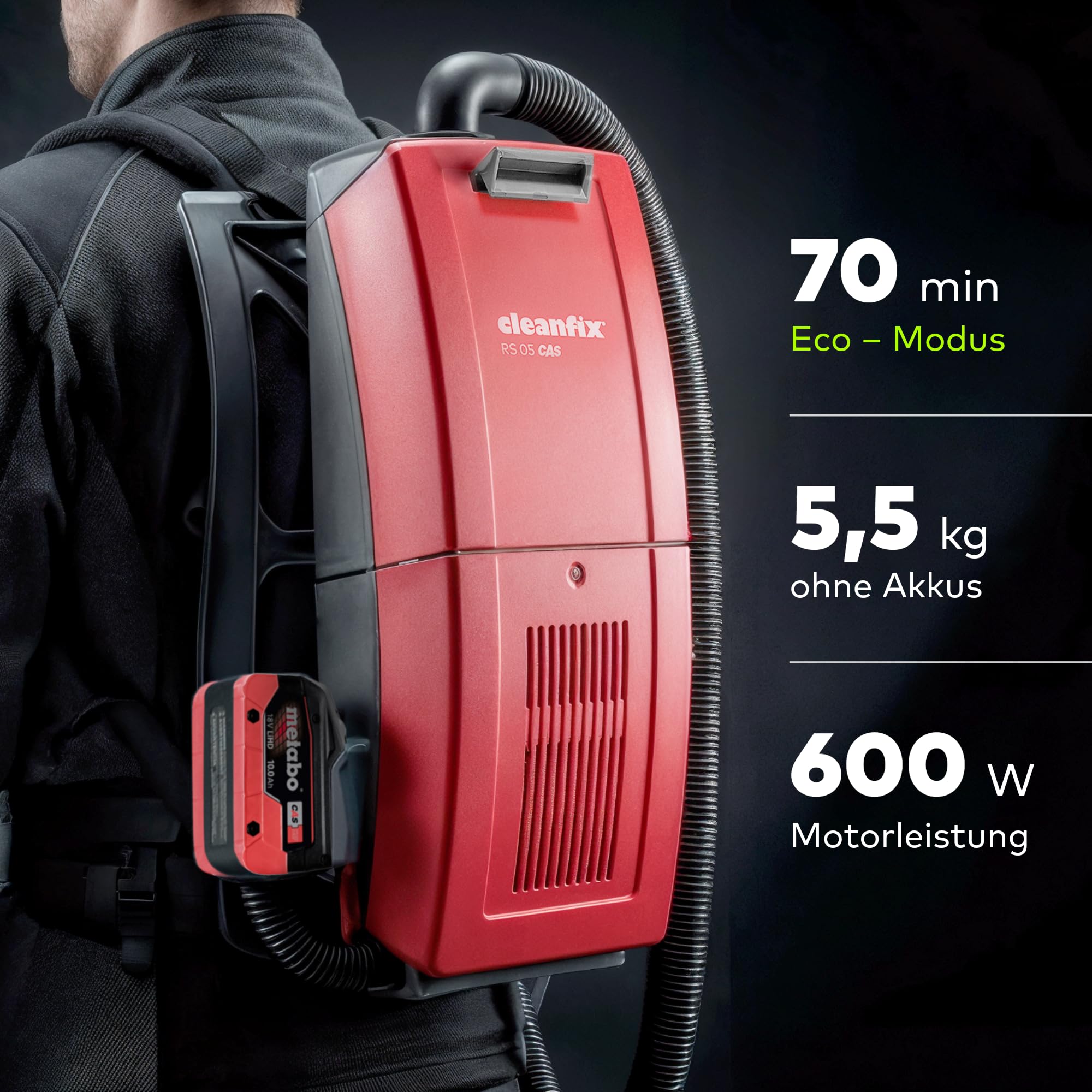 Akku Rucksackstaubsauger Cleanfix RS05, Metabo CAS Akkusystem, Swiss Made | Starke Saugleistung für Industrie, Gewerbe & Haushalt, ergonomisch für lange Einsätze, Akkus & Ladegerät separat erhältlich