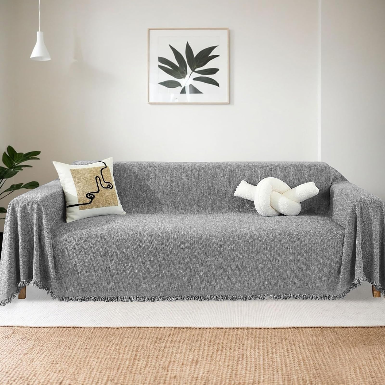 Jeté de canapé en chenille douce gris avec pompons pour lit